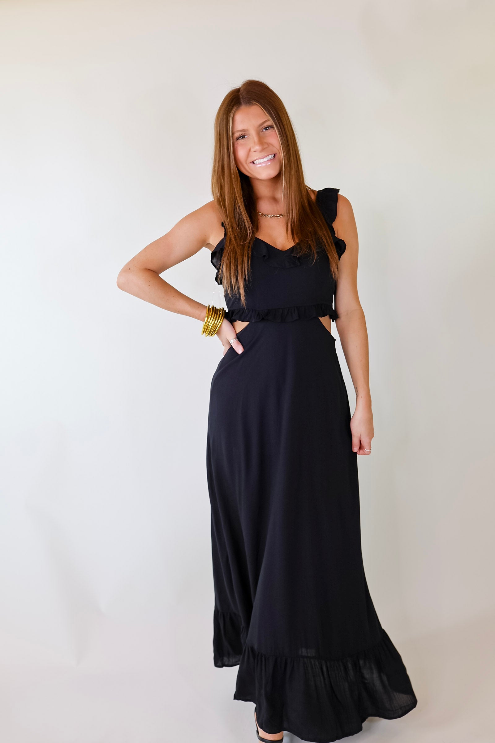 Talk About Beauty Tank Maxi Dress With Cutouts and Ruffles in Black - Giddy Up Glamour Boutique