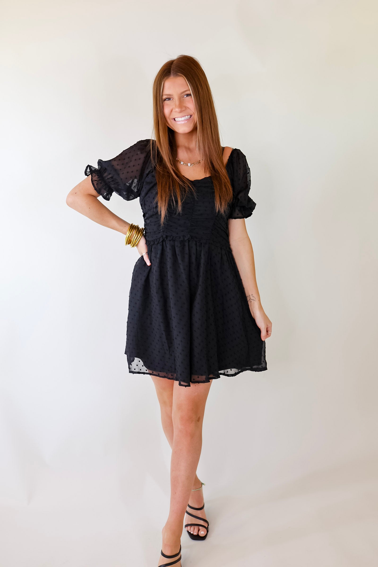 Favorite Adventure Swiss Dot Dress with Short Balloon Sleeves in Black - Giddy Up Glamour Boutique
