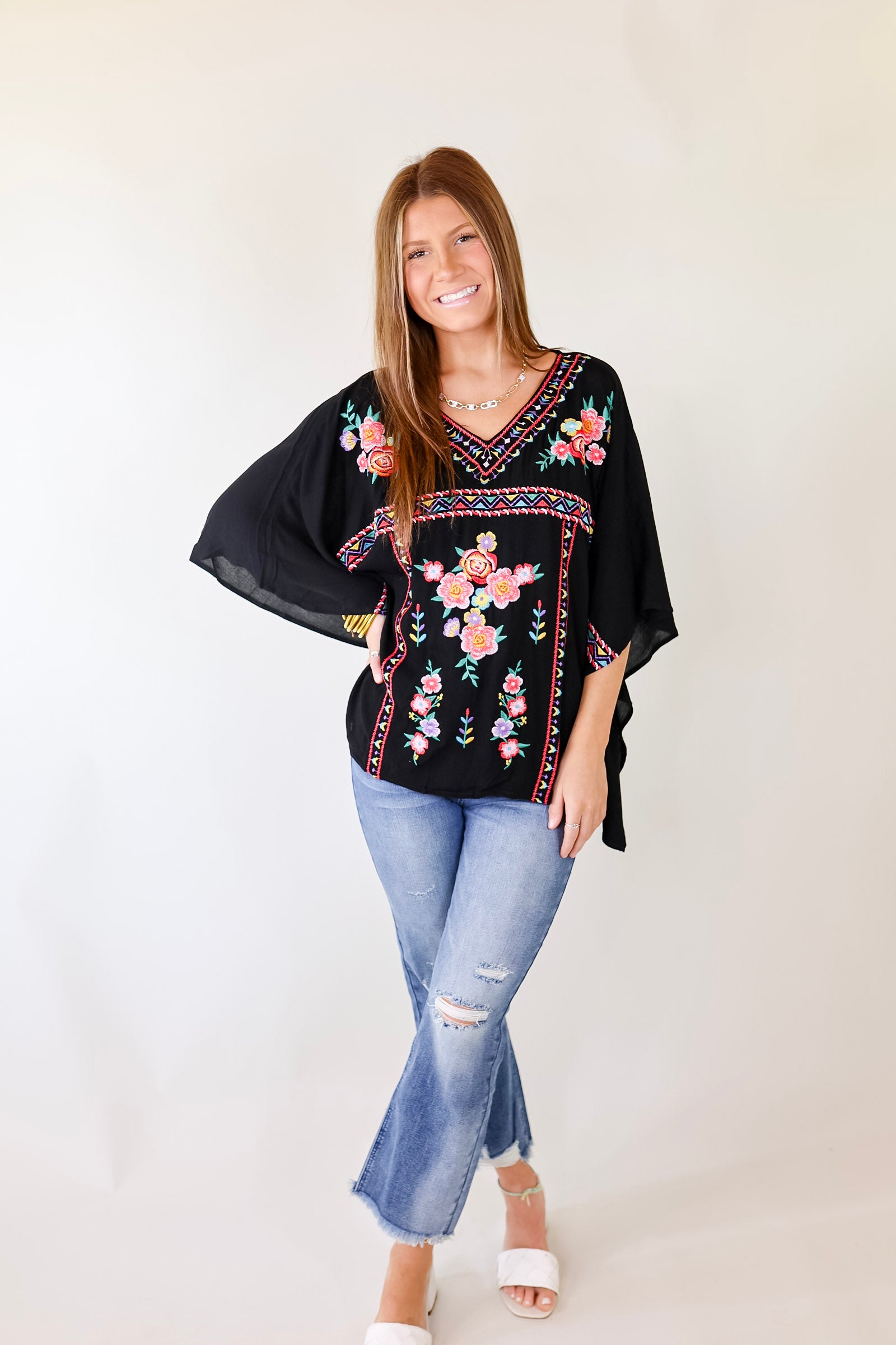 Beautiful Borders Half Sleeve V Neck Floral Embroidered Top in Black - Giddy Up Glamour Boutique