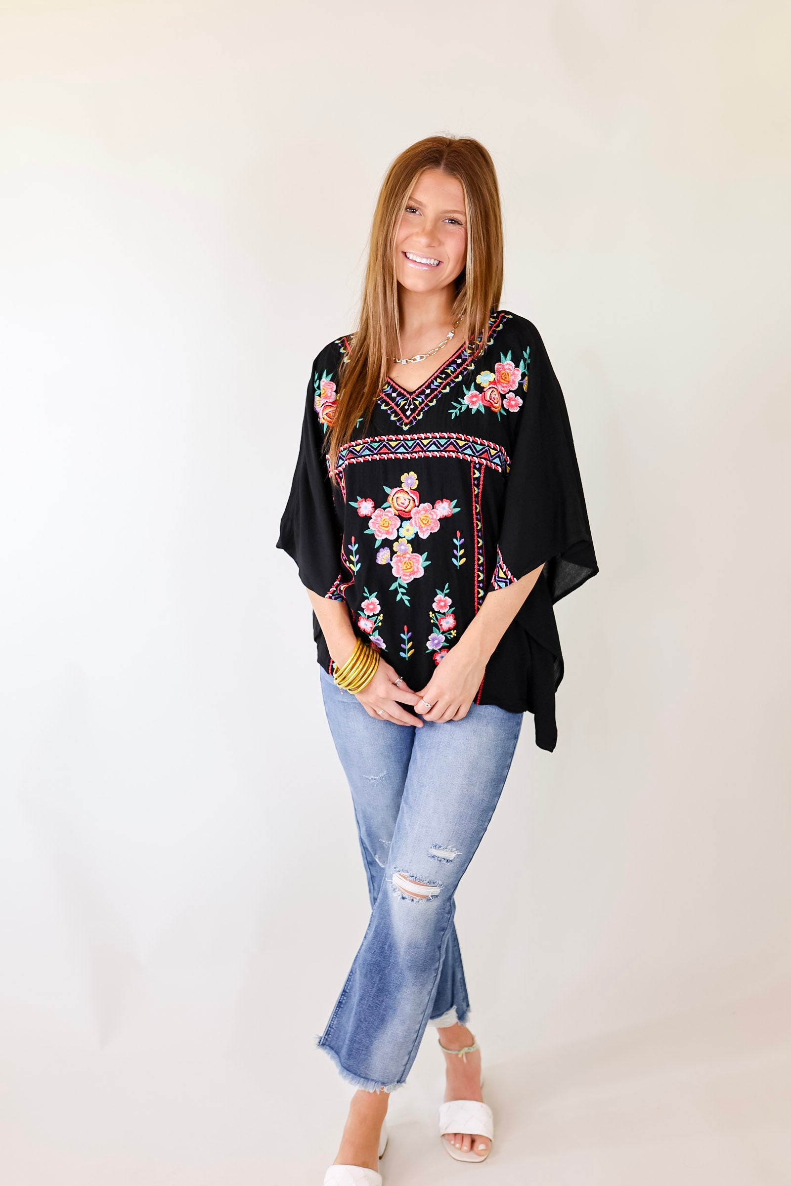 Beautiful Borders Half Sleeve V Neck Floral Embroidered Top in Black - Giddy Up Glamour Boutique