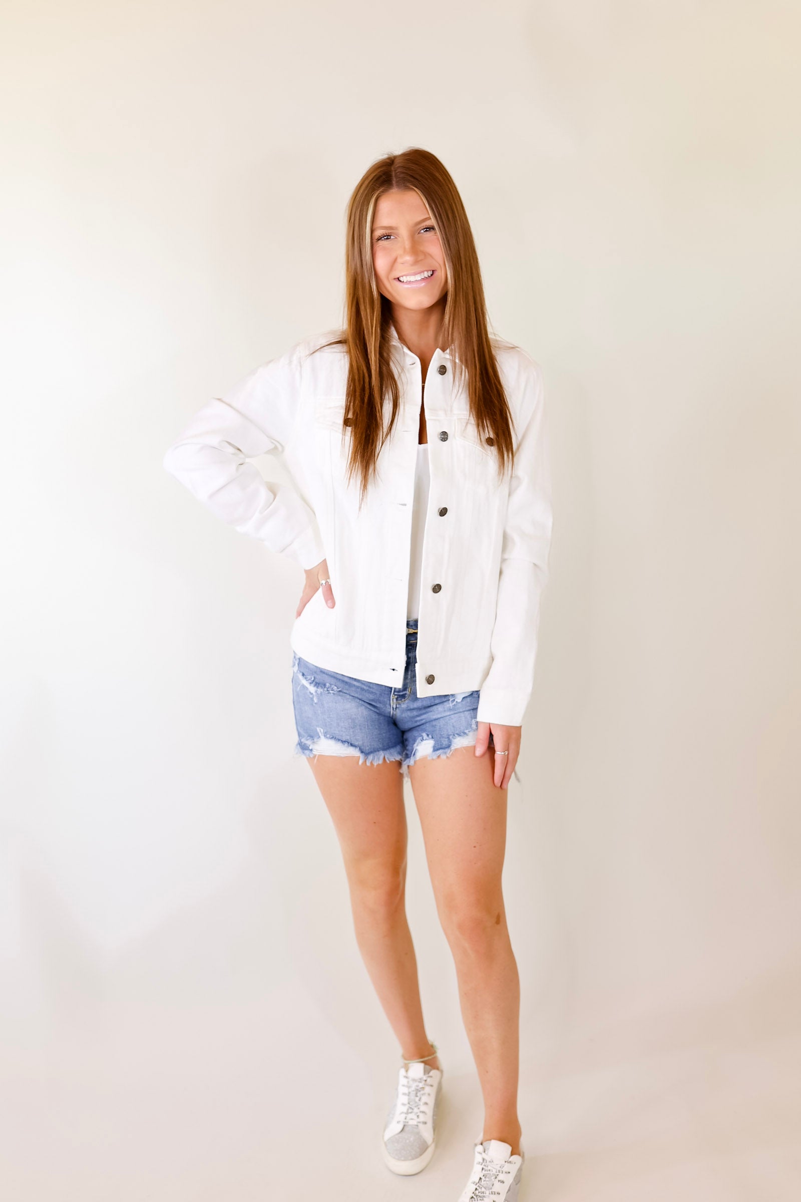 Prime Time Floral Embroidered Denim Jacket With Pockets in White - Giddy Up Glamour Boutique