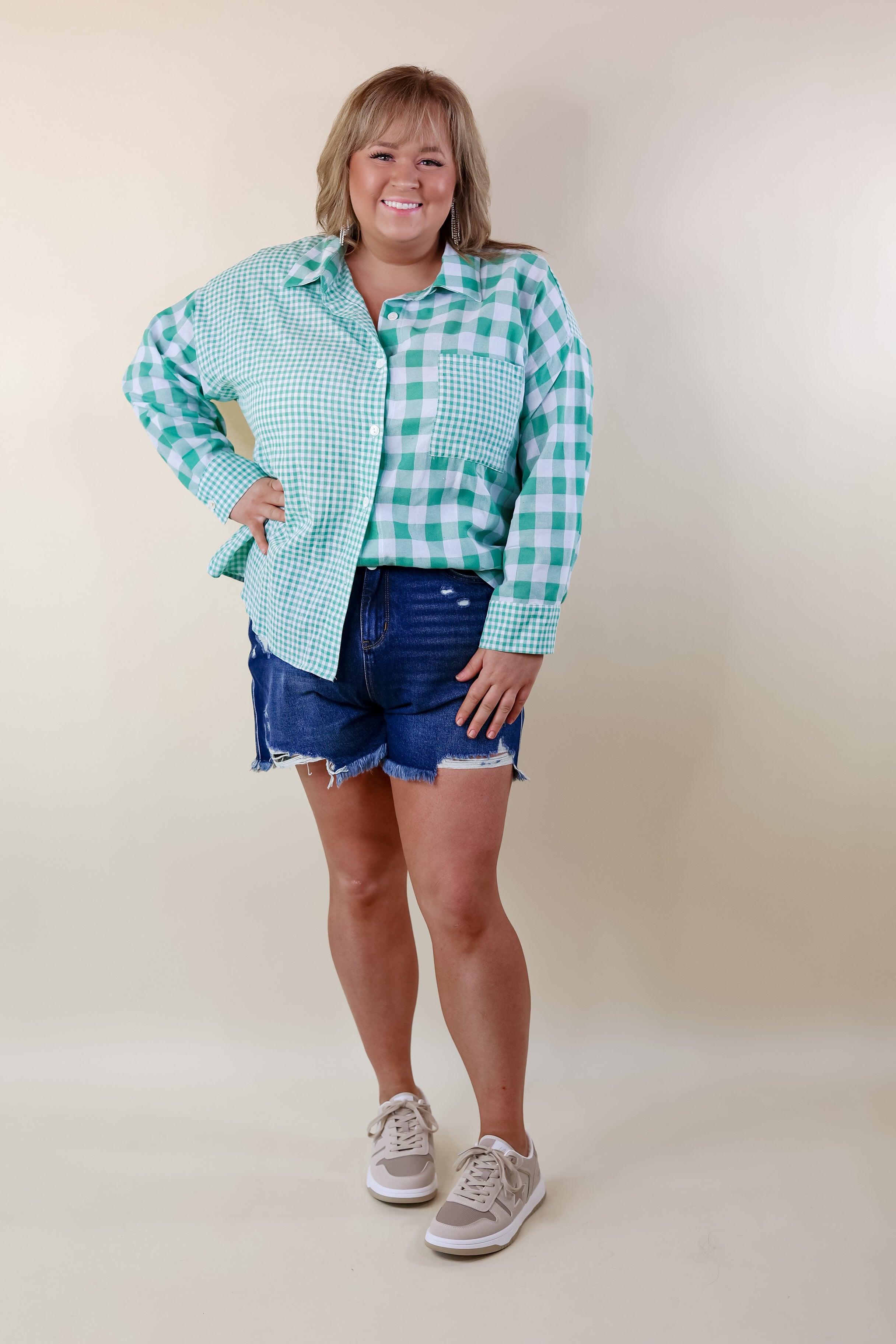 Waiting For You Mix Plaid Button Up Top in Green - Giddy Up Glamour Boutique