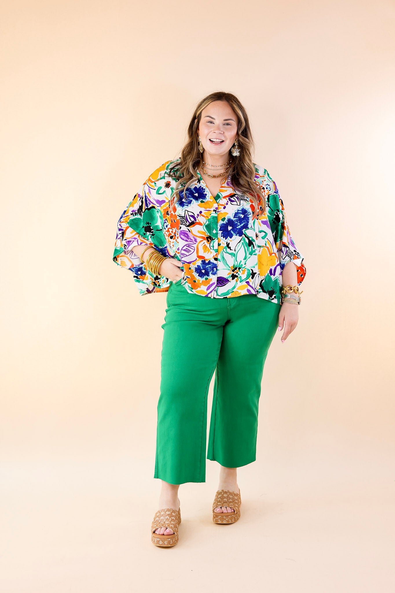 Sailing Away Floral Button Up Poncho Top in Green Mix - Giddy Up Glamour Boutique