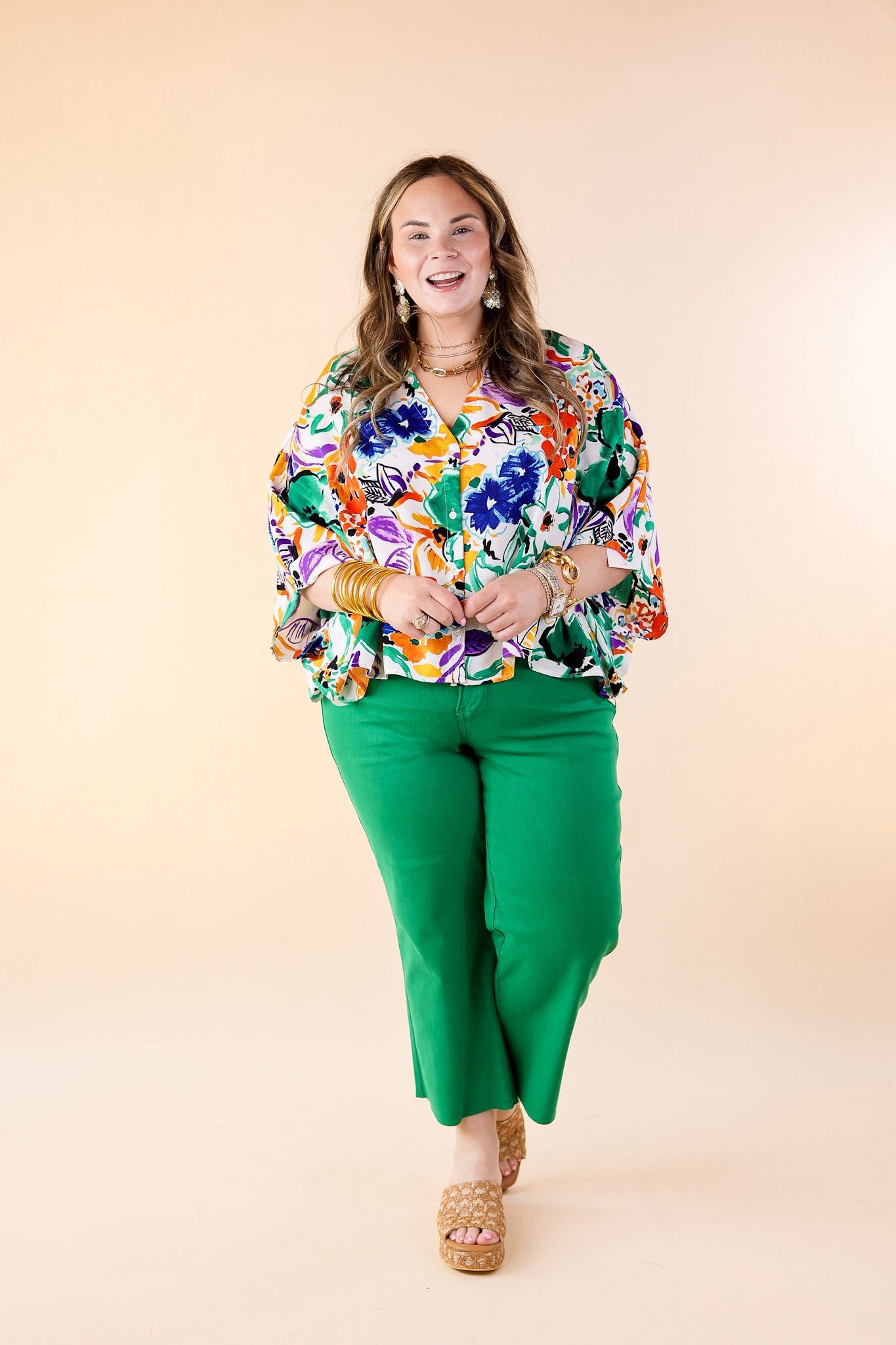 Sailing Away Floral Button Up Poncho Top in Green Mix - Giddy Up Glamour Boutique