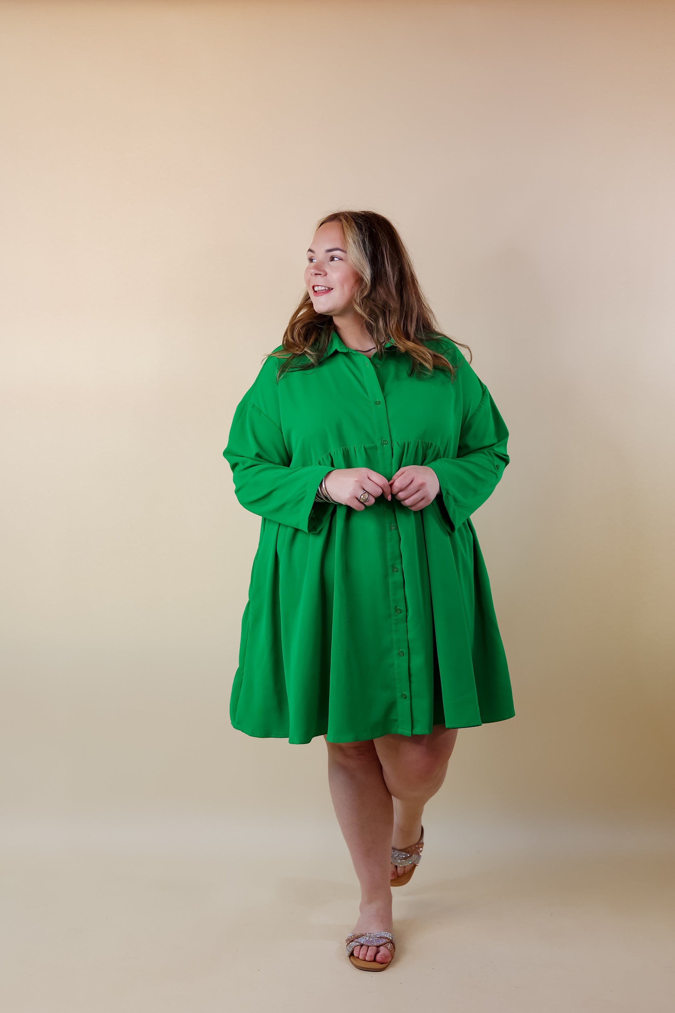 Risky Business Button Up Babydoll Dress in Green - Giddy Up Glamour Boutique