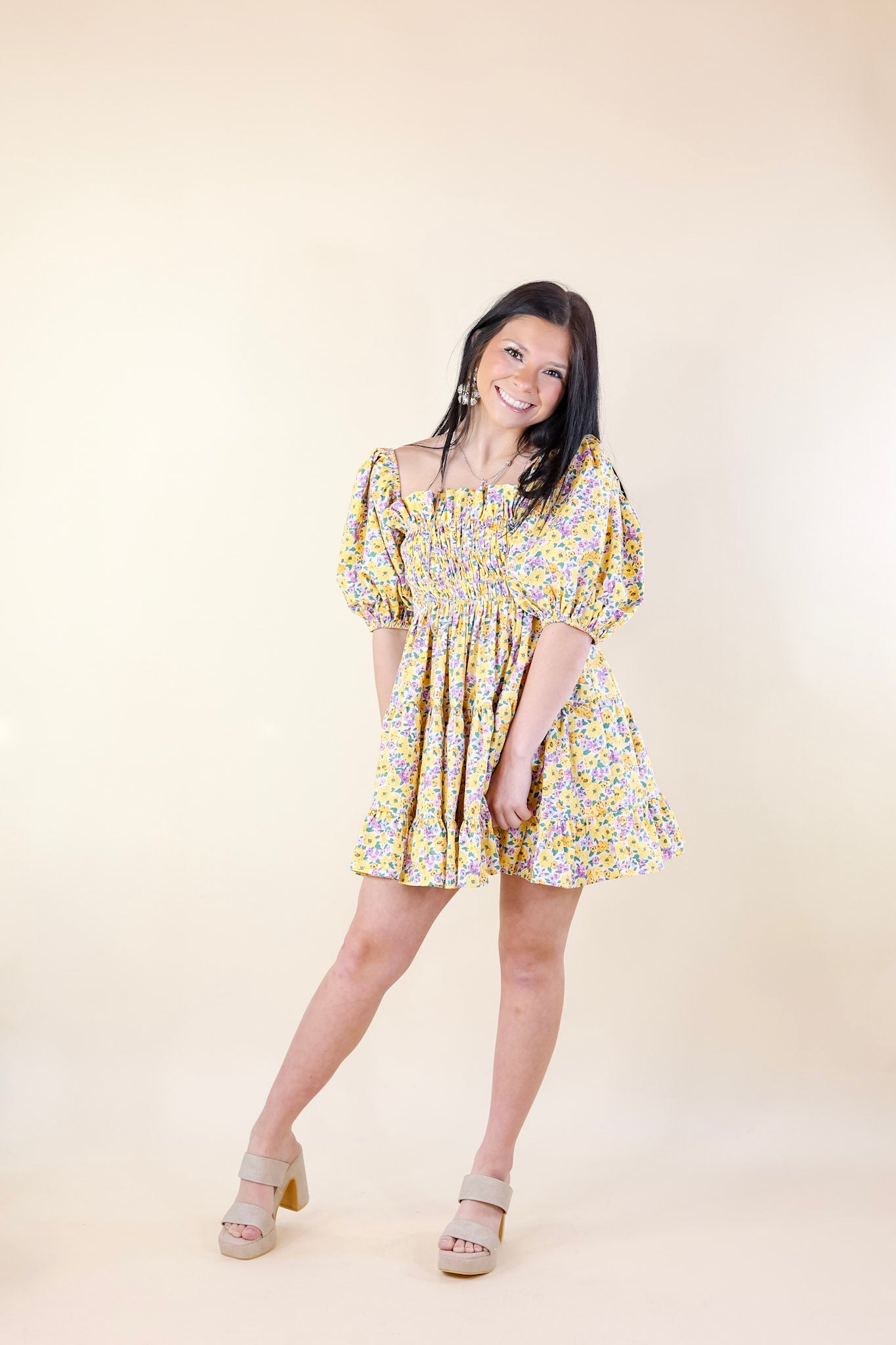 BuddyLove | Spencer Puff Sleeve Mini Dress in Sunny Hunny (Yellow) - Giddy Up Glamour Boutique