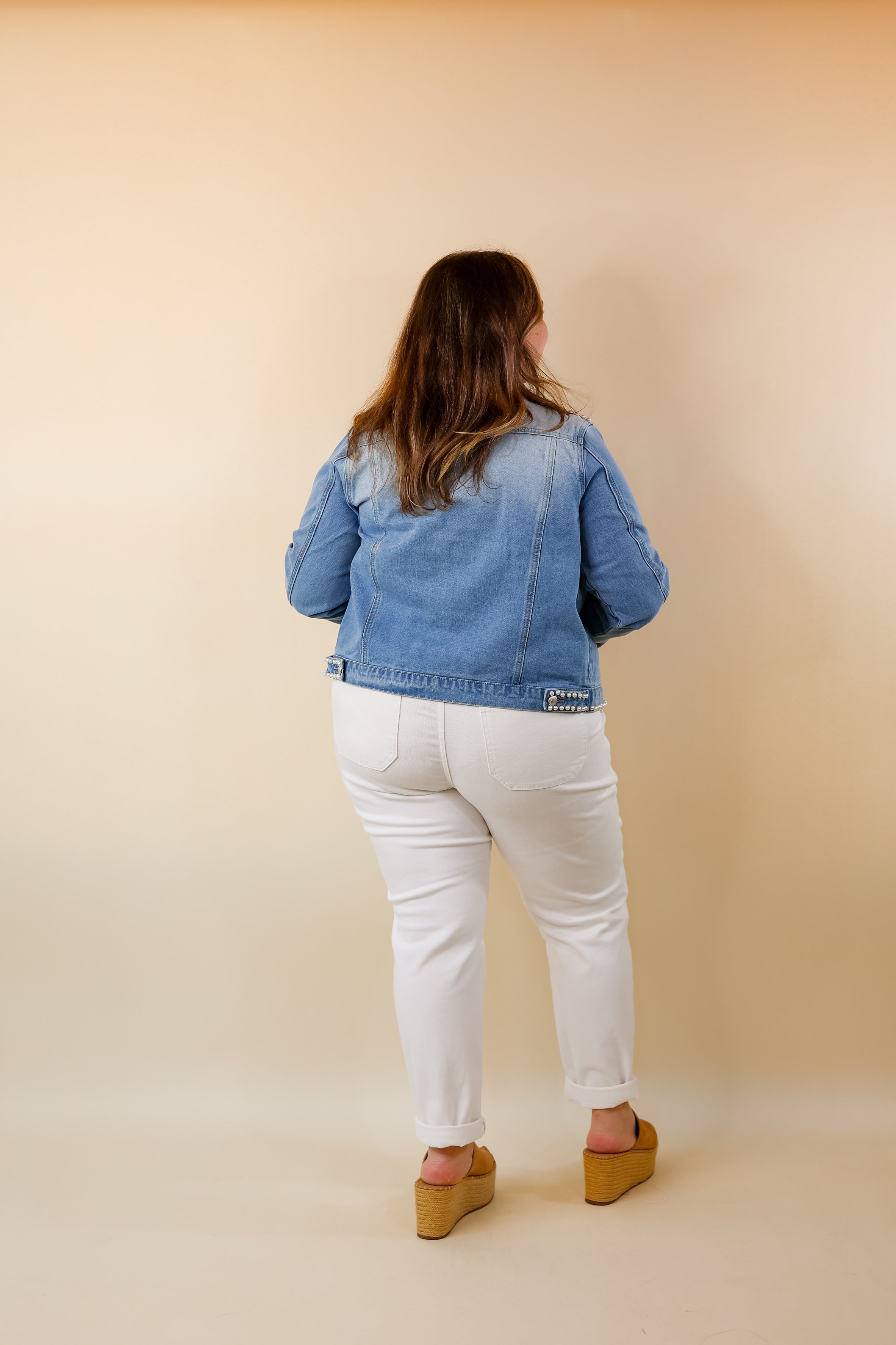 Pearls For the Girls Pearl Embellished Denim Jacket in Light Wash - Giddy Up Glamour Boutique