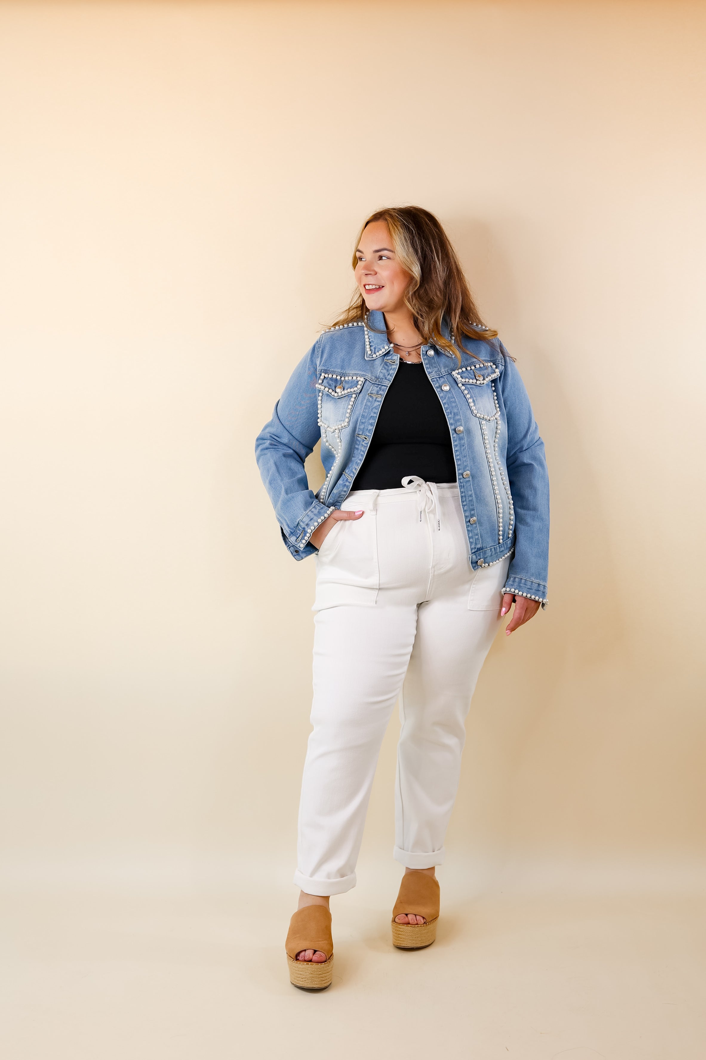 Pearls For the Girls Pearl Embellished Denim Jacket in Light Wash - Giddy Up Glamour Boutique