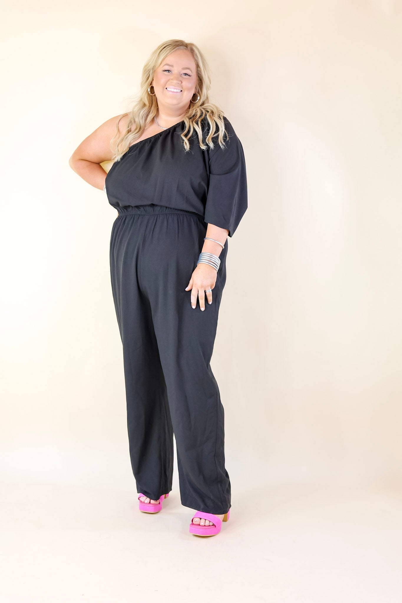 Ready To Wow One Shoulder Wide Leg Jumpsuit in Black - Giddy Up Glamour Boutique