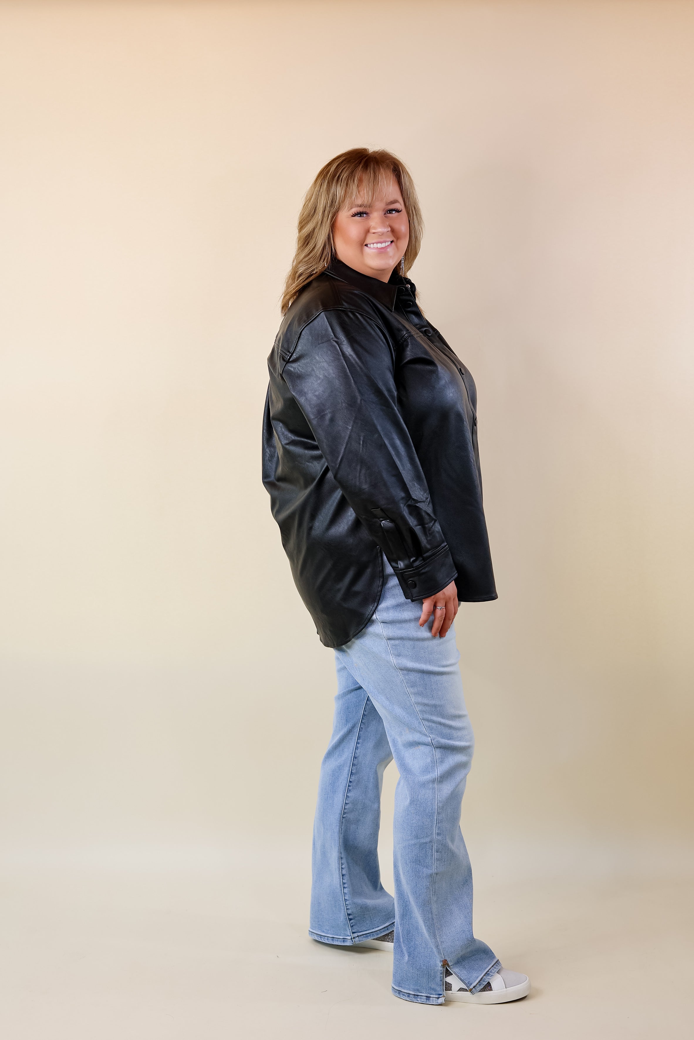 SPANX | Leather-Like Long Sleeve Oversized Shacket in Black LP - Giddy Up Glamour Boutique