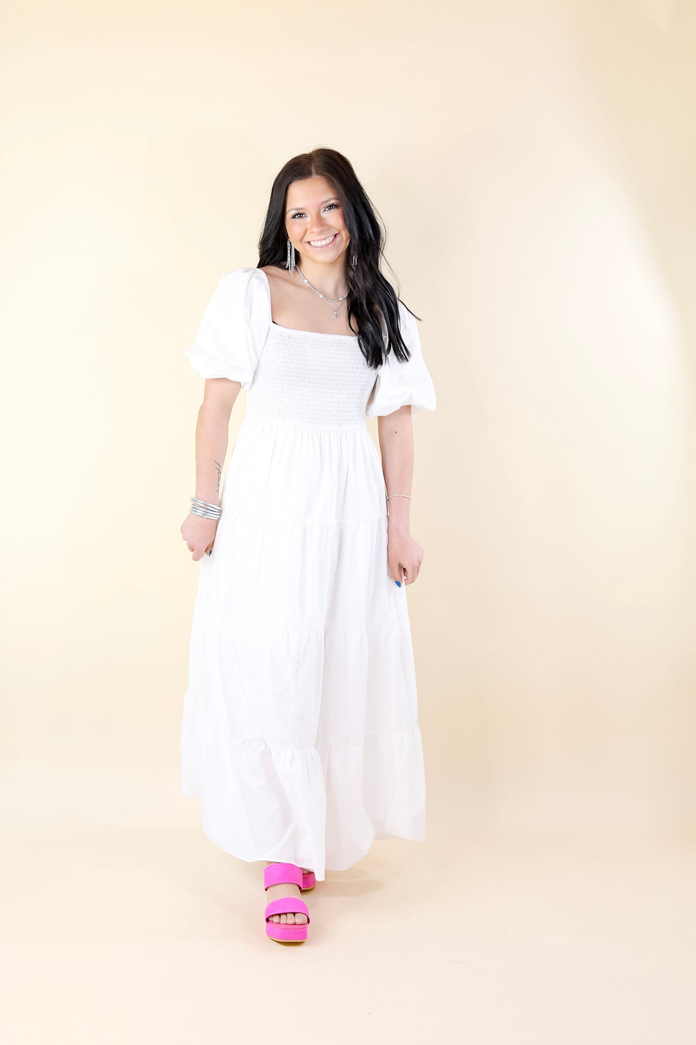 Santorini Sunshine Short Balloon Sleeve Maxi Dress in White - Giddy Up Glamour Boutique
