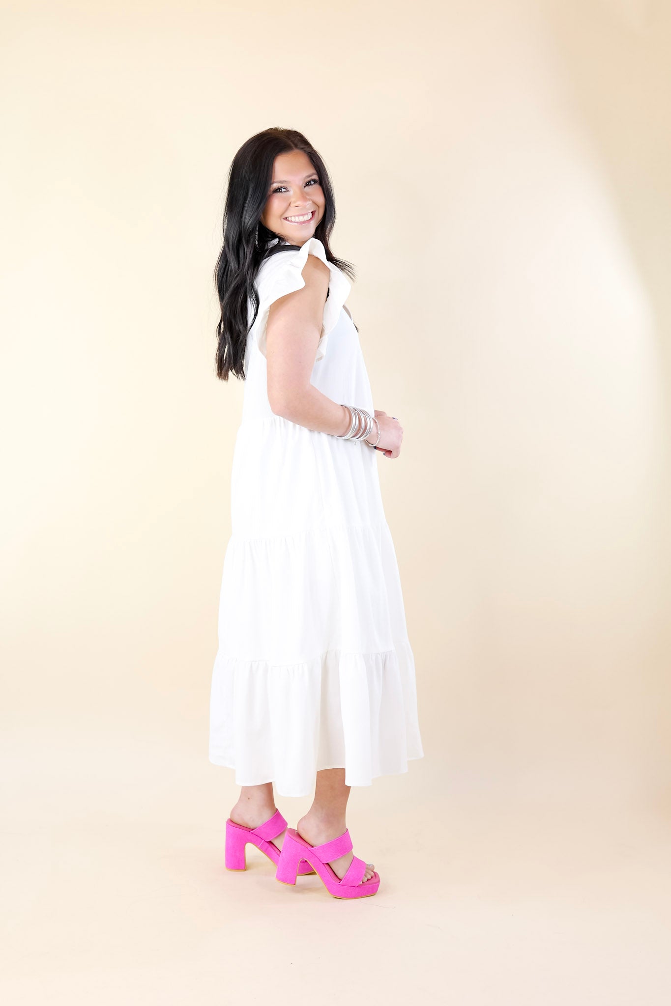 Magnolia Morning Ruffle Cap Sleeve Tiered Midi Dress in White - Giddy Up Glamour Boutique