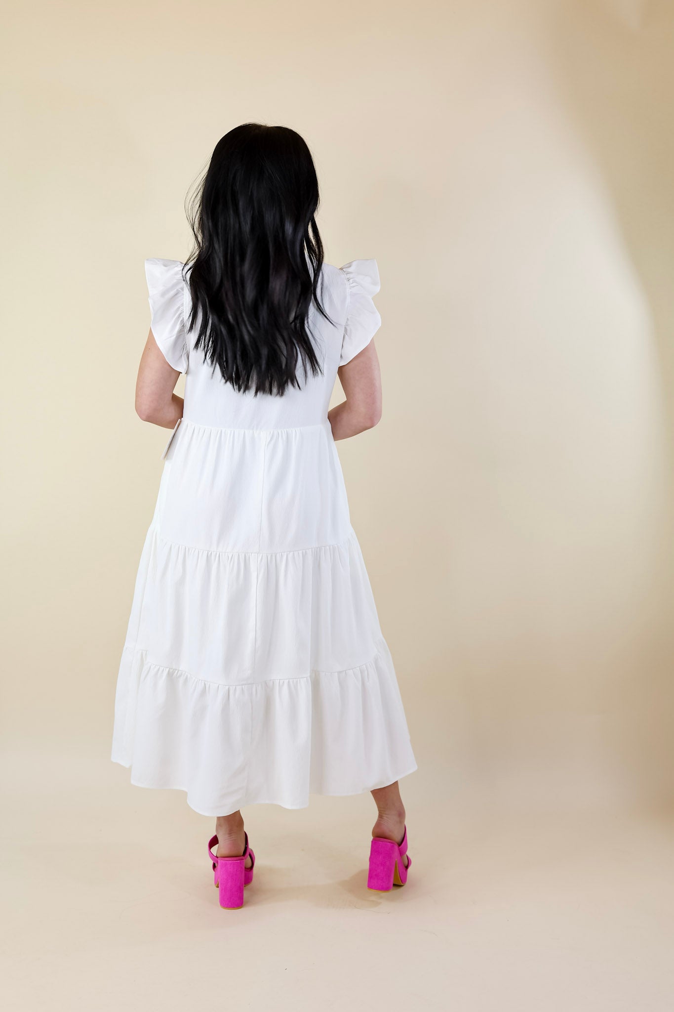 Magnolia Morning Ruffle Cap Sleeve Tiered Midi Dress in White - Giddy Up Glamour Boutique