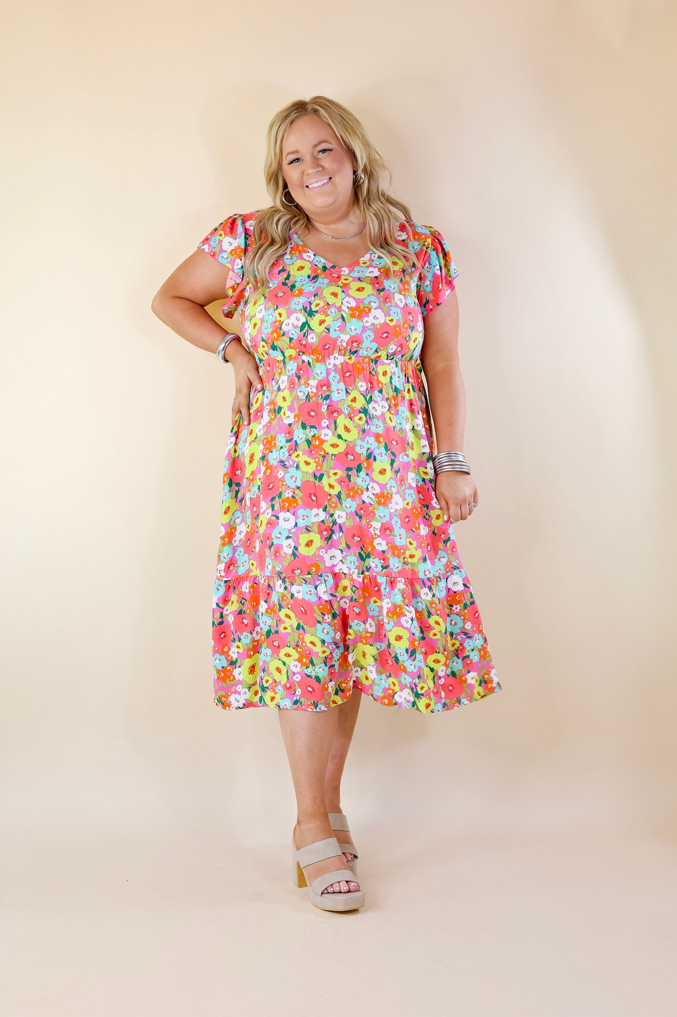 Coastal Charisma Floral Midi Dress with Ruffle Cap Sleeves in Pink Mix - Giddy Up Glamour Boutique