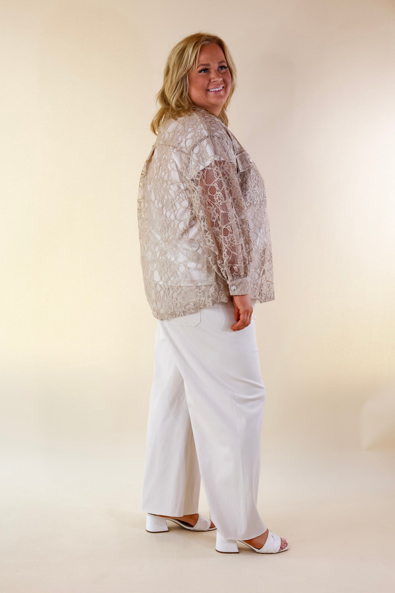Sheer Chic Collared Button Up Lace Top in Taupe