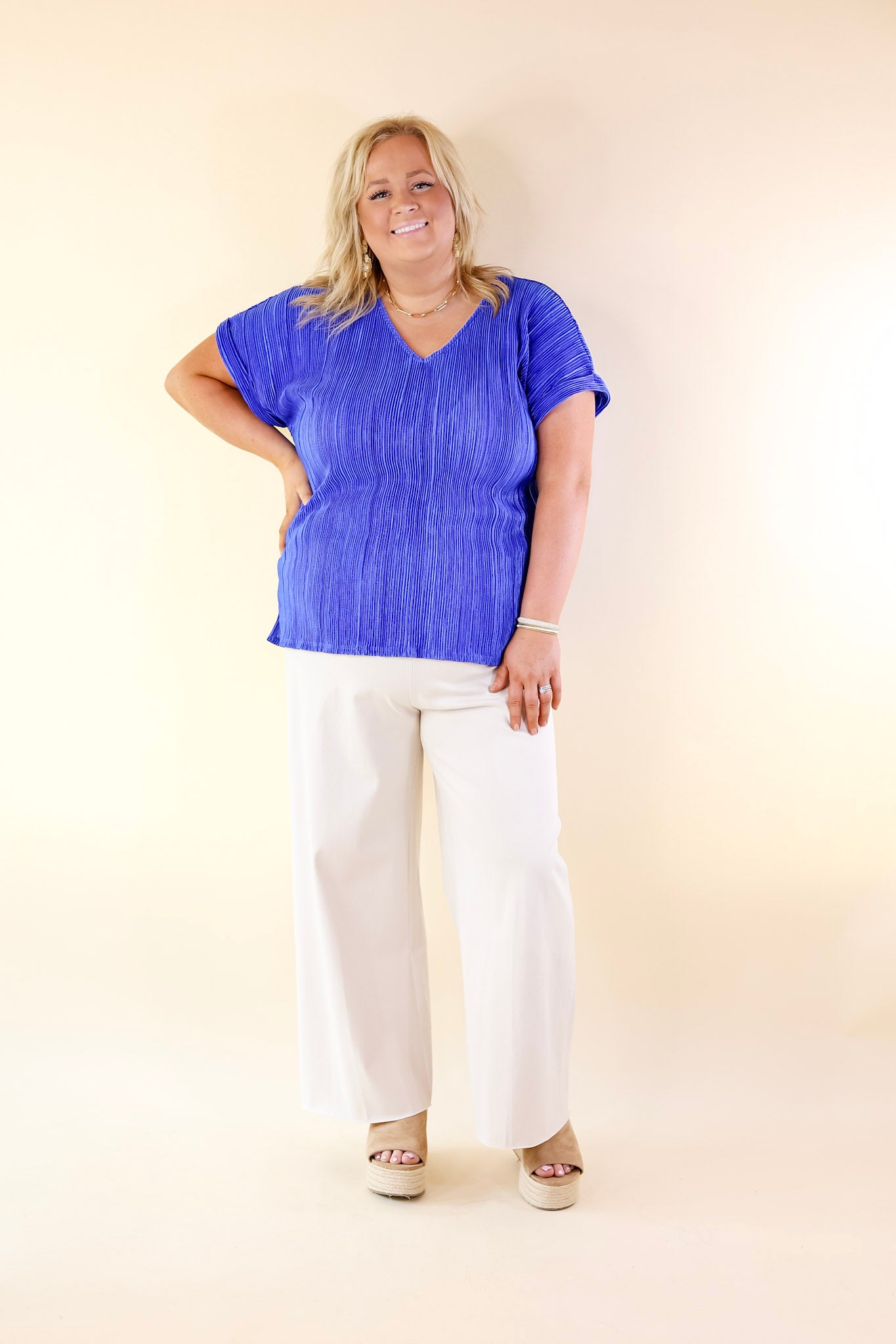 Casual Charm V Neck Plissé Top in Royal Blue - Giddy Up Glamour Boutique