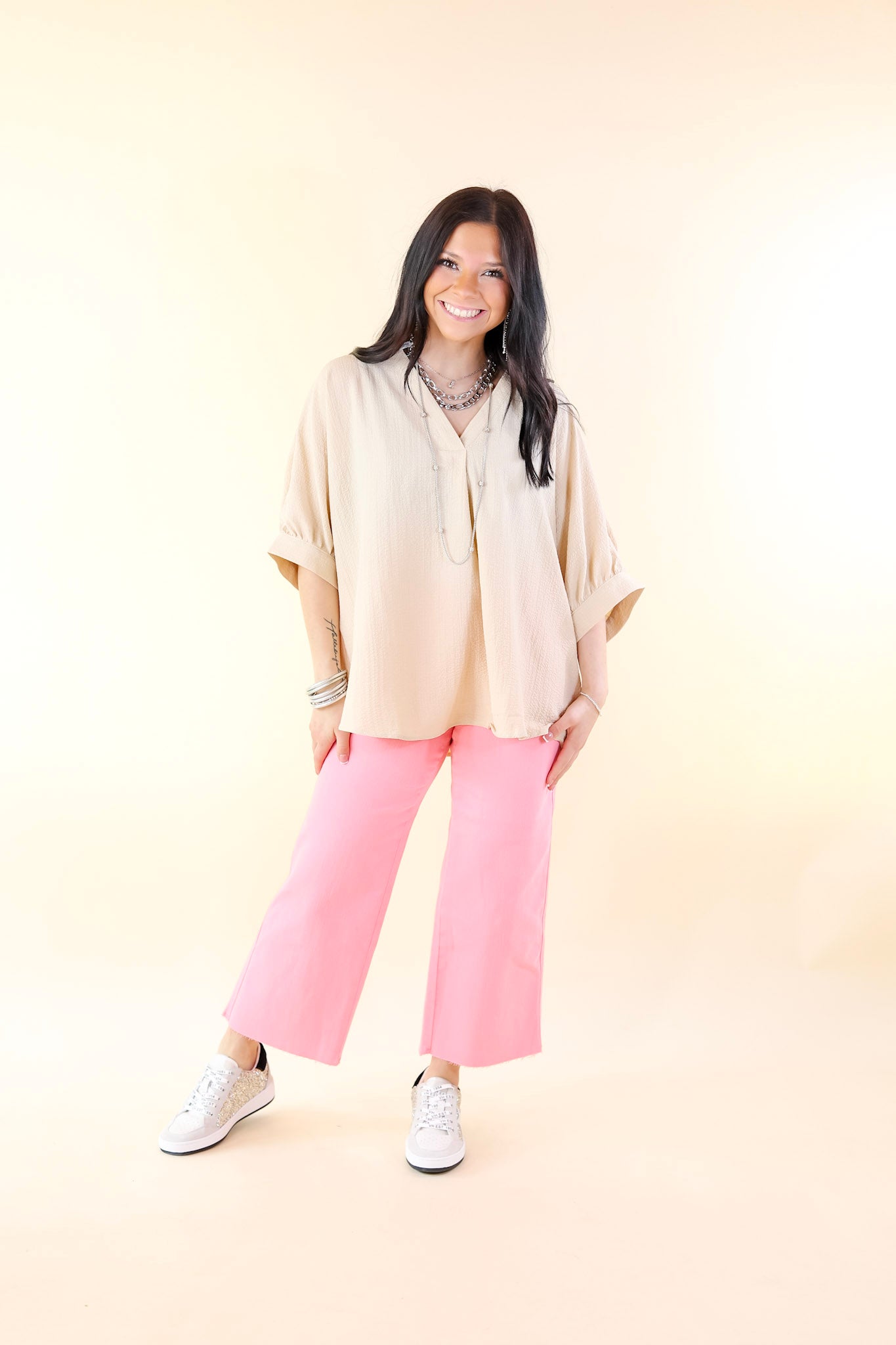 Chic and Charming V Neck Top with 3/4 Sleeves in Taupe - Giddy Up Glamour Boutique