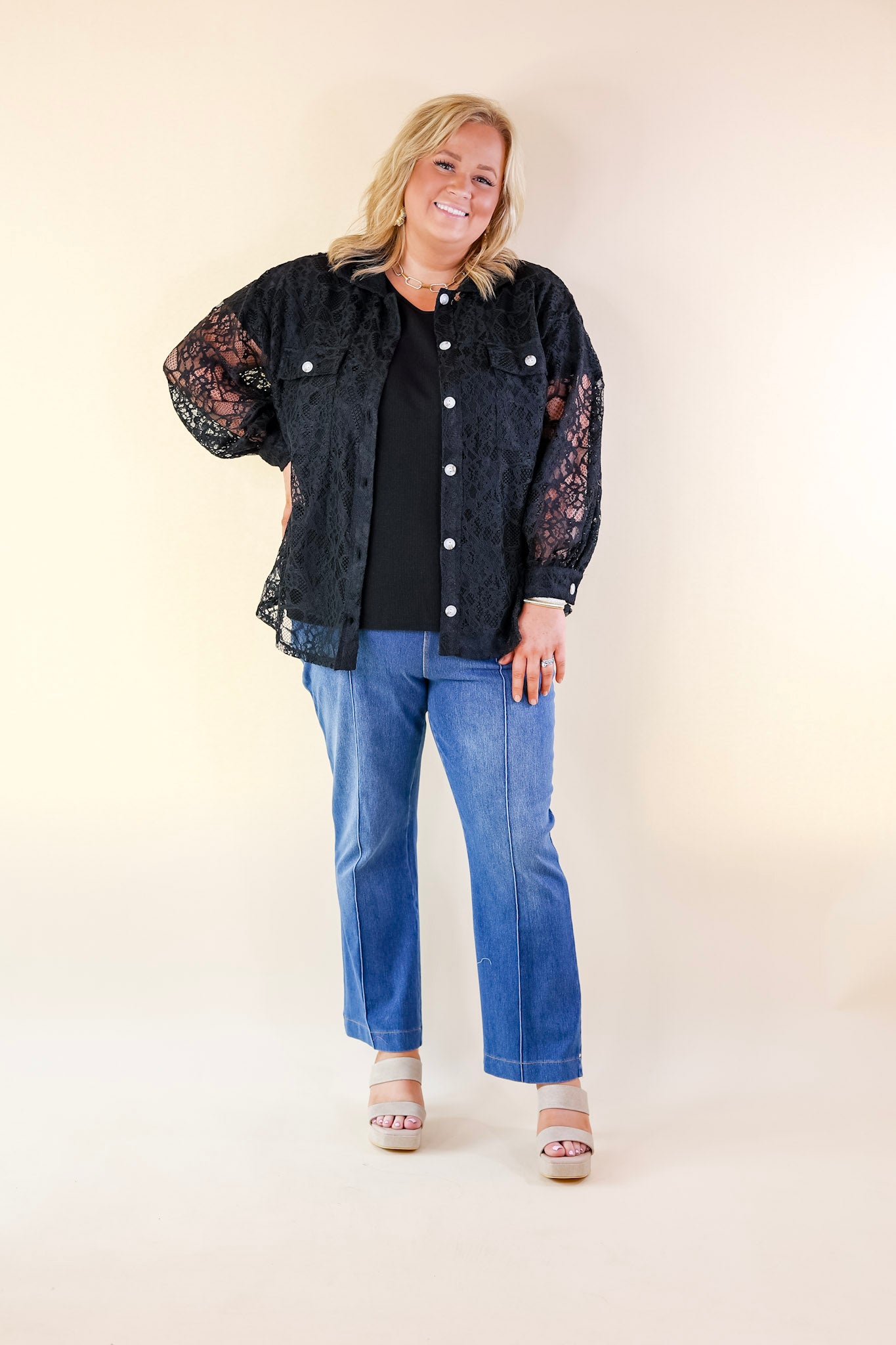 Sheer Chic Collared Button Up Lace Top in Black - Giddy Up Glamour Boutique