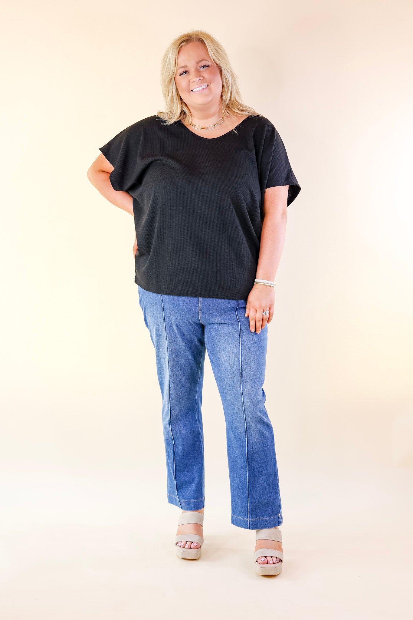 Everyday Essential Short Sleeve Waffle Knit Top in Black - Giddy Up Glamour Boutique