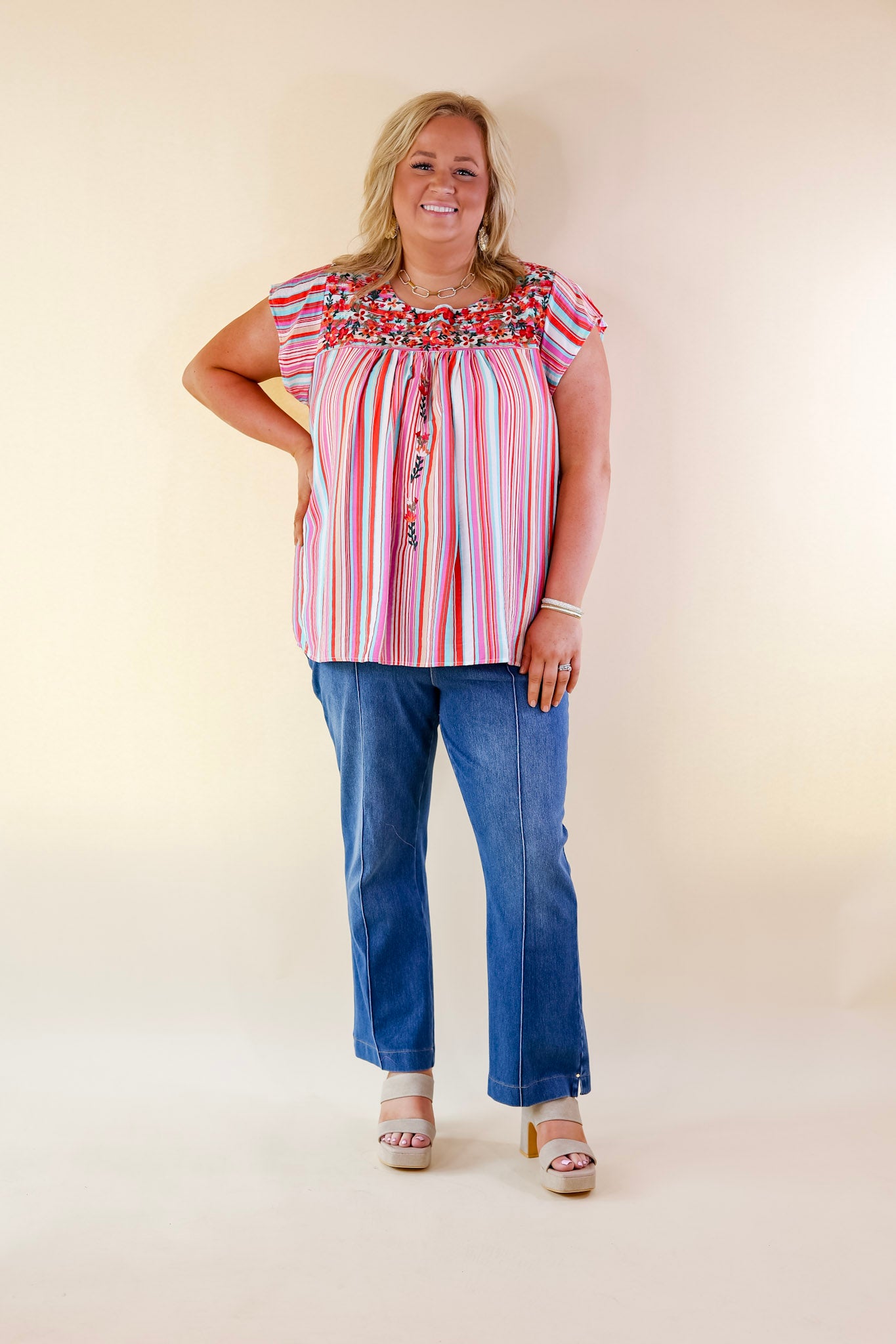 Lajitas Lady Striped Babydoll Top with Floral Embroidery in Pink and Turquoise - Giddy Up Glamour Boutique