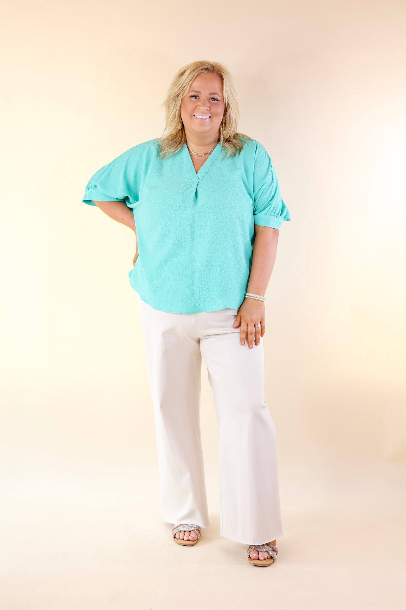 Chic and Charming V Neck Top with 3/4 Sleeves in Emerald Green - Giddy Up Glamour Boutique