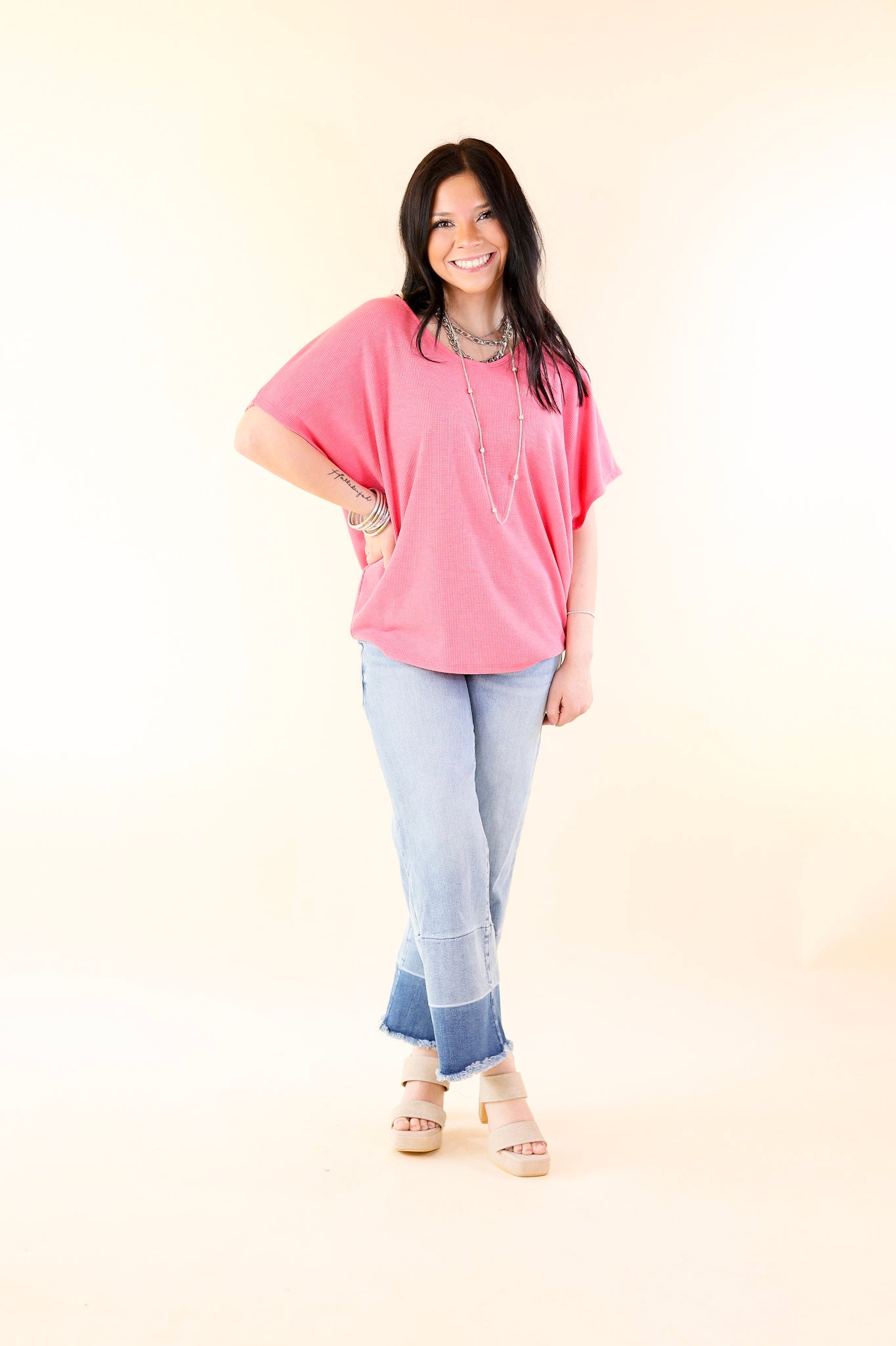Everyday Essential Short Sleeve Waffle Knit Top in Hot Pink - Giddy Up Glamour Boutique