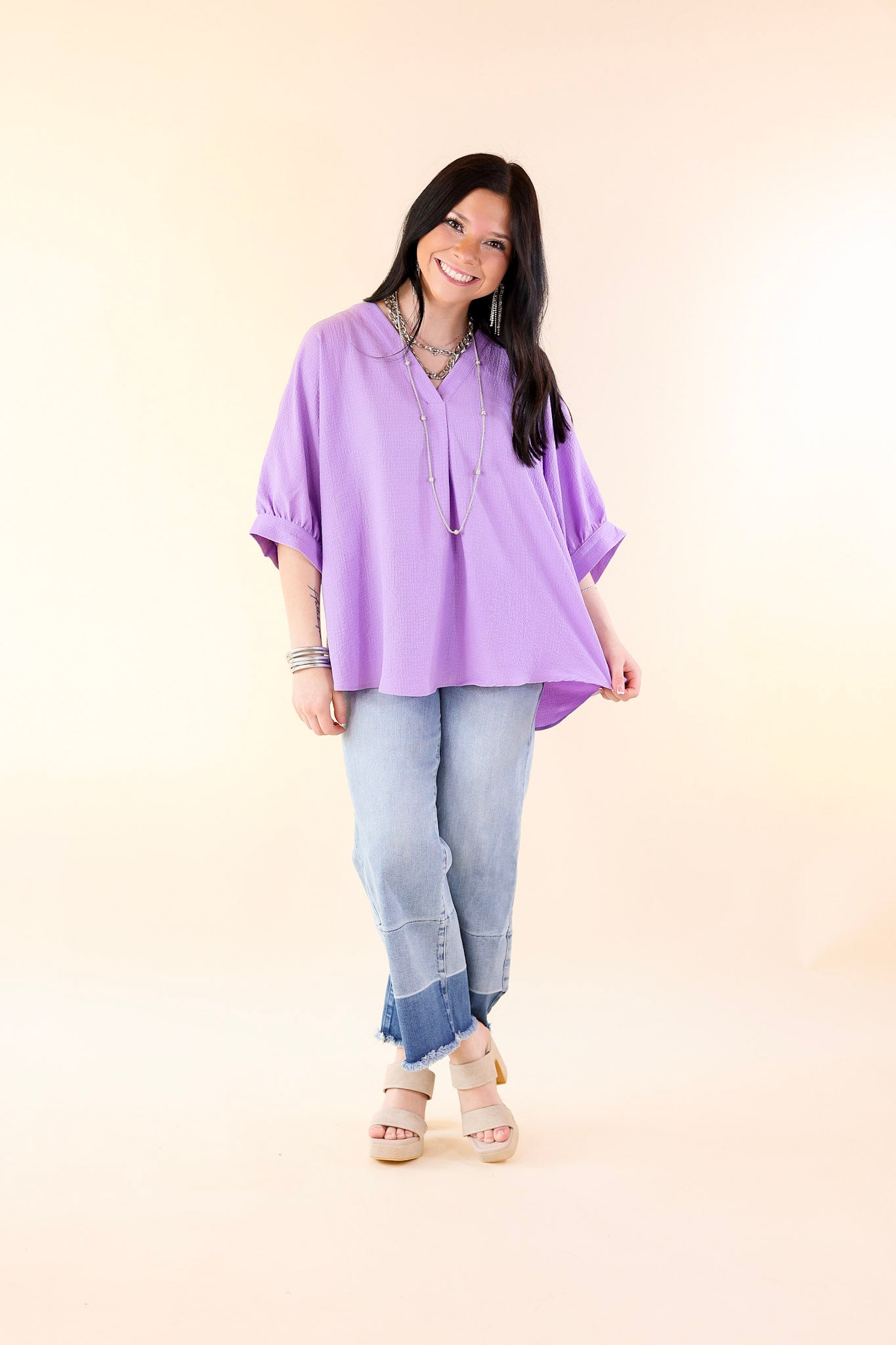 Chic and Charming V Neck Top with 3/4 Sleeves in Lavender Purple - Giddy Up Glamour Boutique