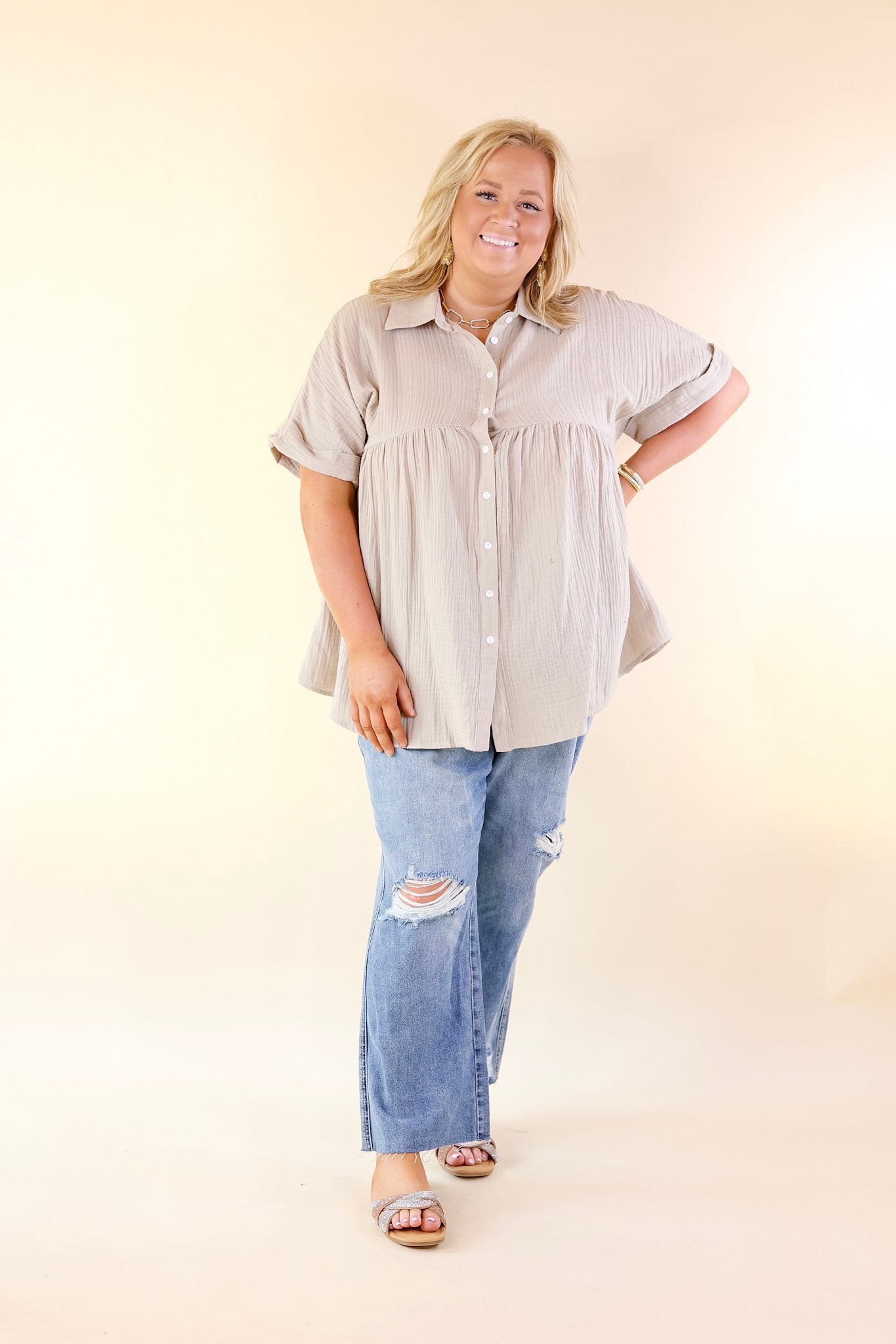 Vacation Vibes Collared Button Up Babydoll Top in Taupe - Giddy Up Glamour Boutique