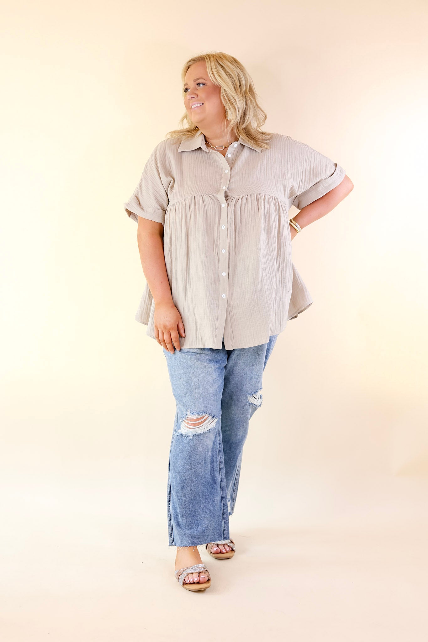 Vacation Vibes Collared Button Up Babydoll Top in Taupe