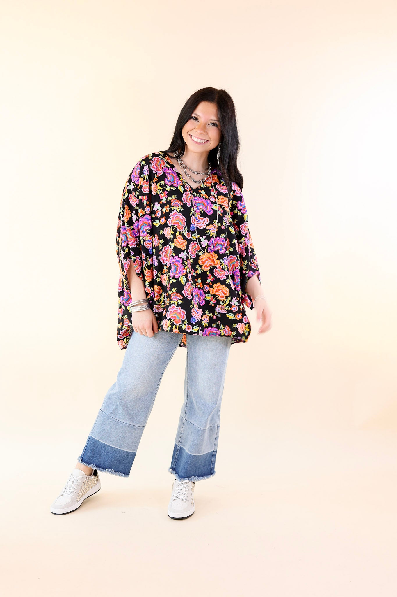 Boho Breeze Floral Print Poncho Top in Black - Giddy Up Glamour Boutique