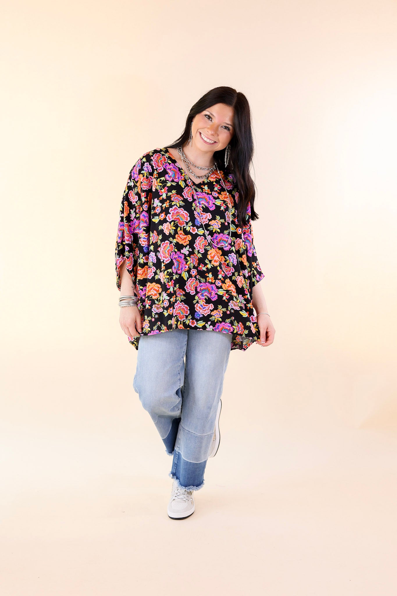 Boho Breeze Floral Print Poncho Top in Black - Giddy Up Glamour Boutique