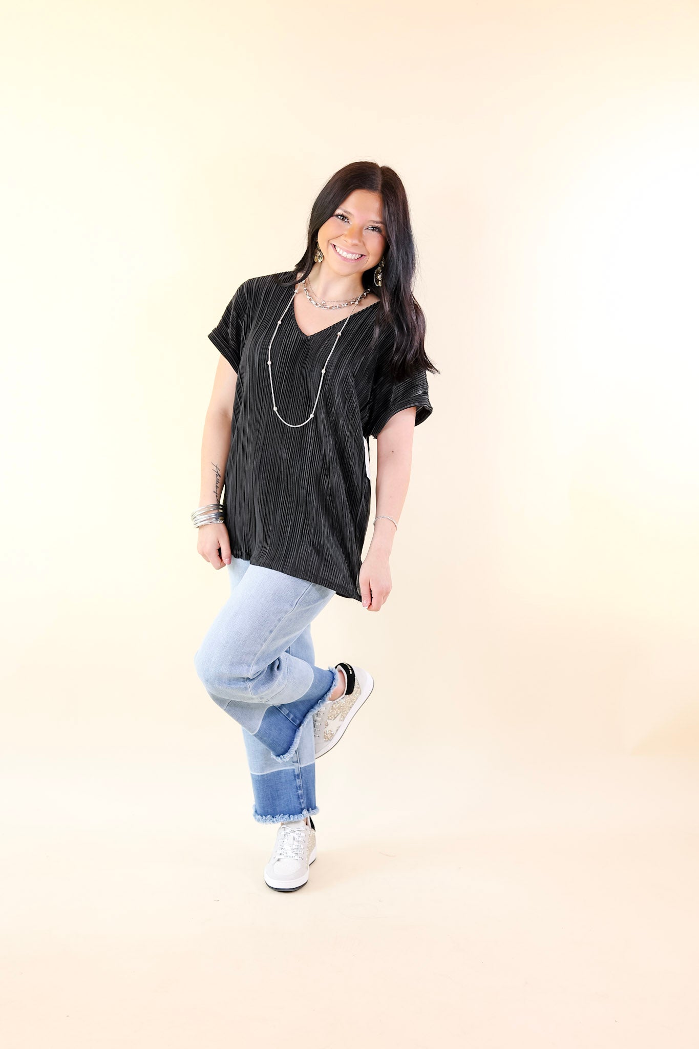 Casual Charm V Neck Plissé Top in Black - Giddy Up Glamour Boutique