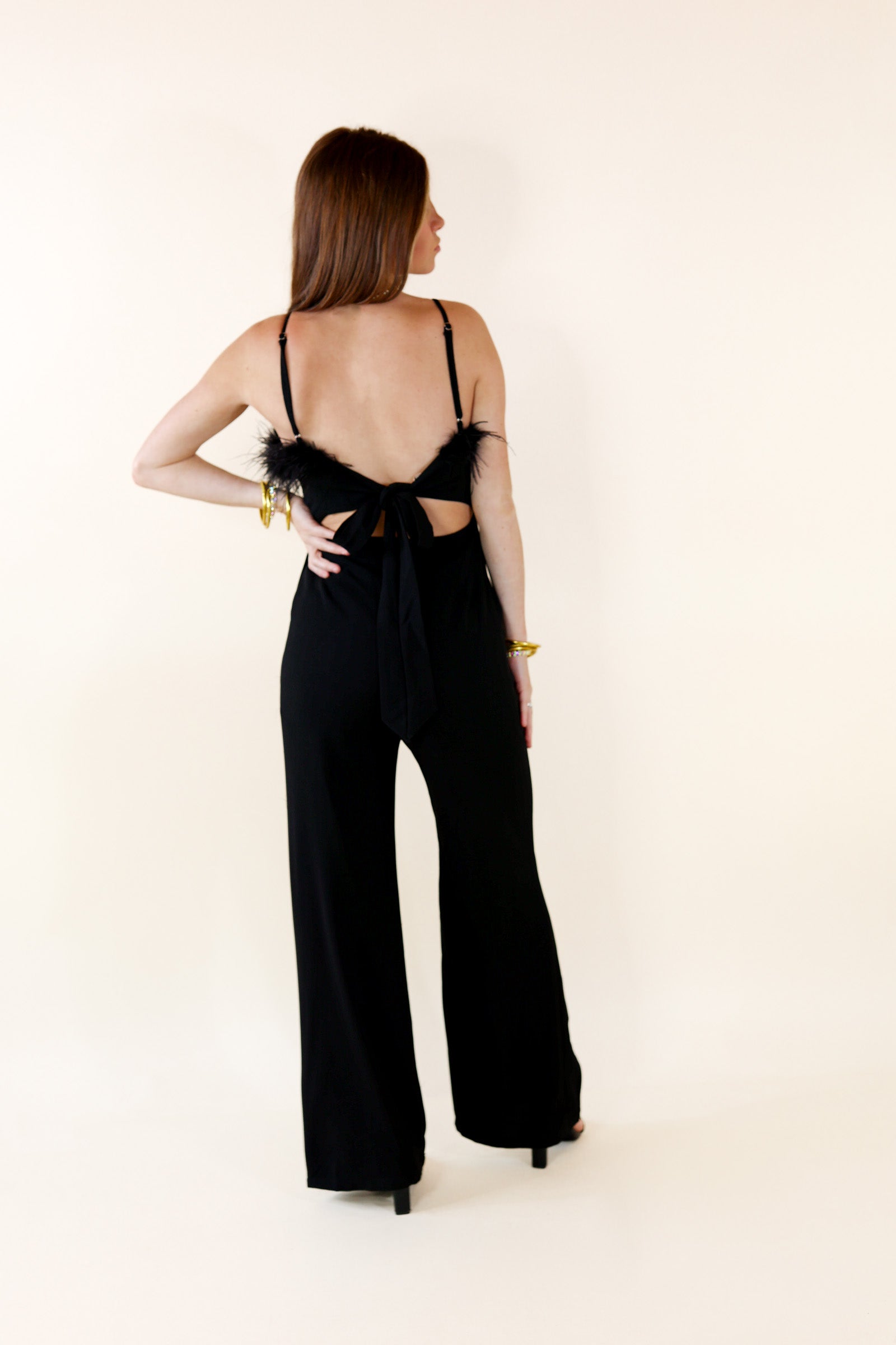 Cue The Lights Feather Jumpsuit with Waist Tie in Black - Giddy Up Glamour Boutique