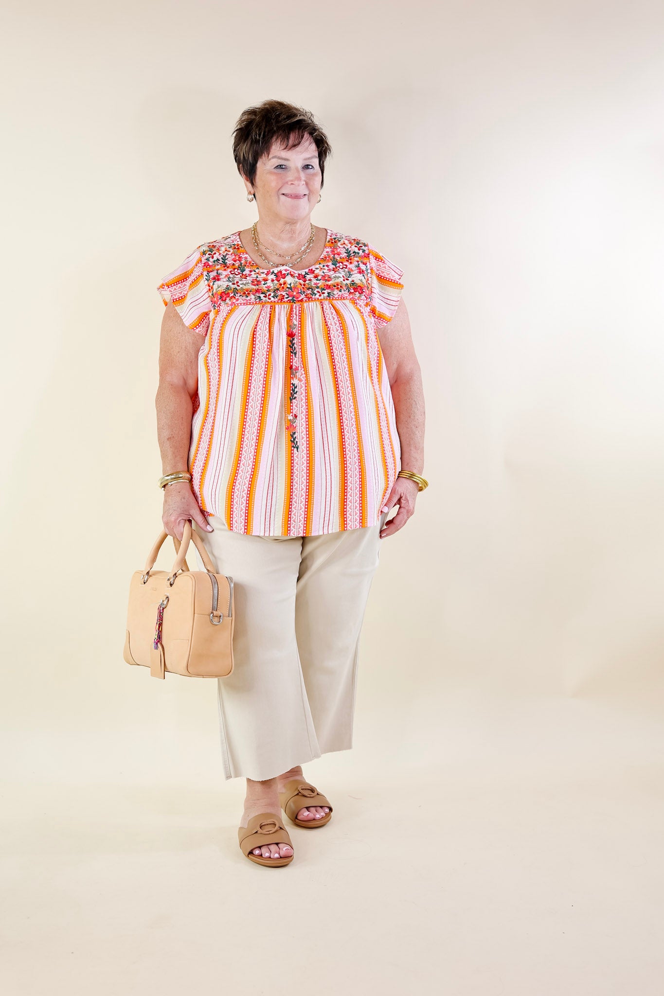 Lajitas Lady Striped Babydoll Top with Floral Embroidery in Orange and Pink - Giddy Up Glamour Boutique