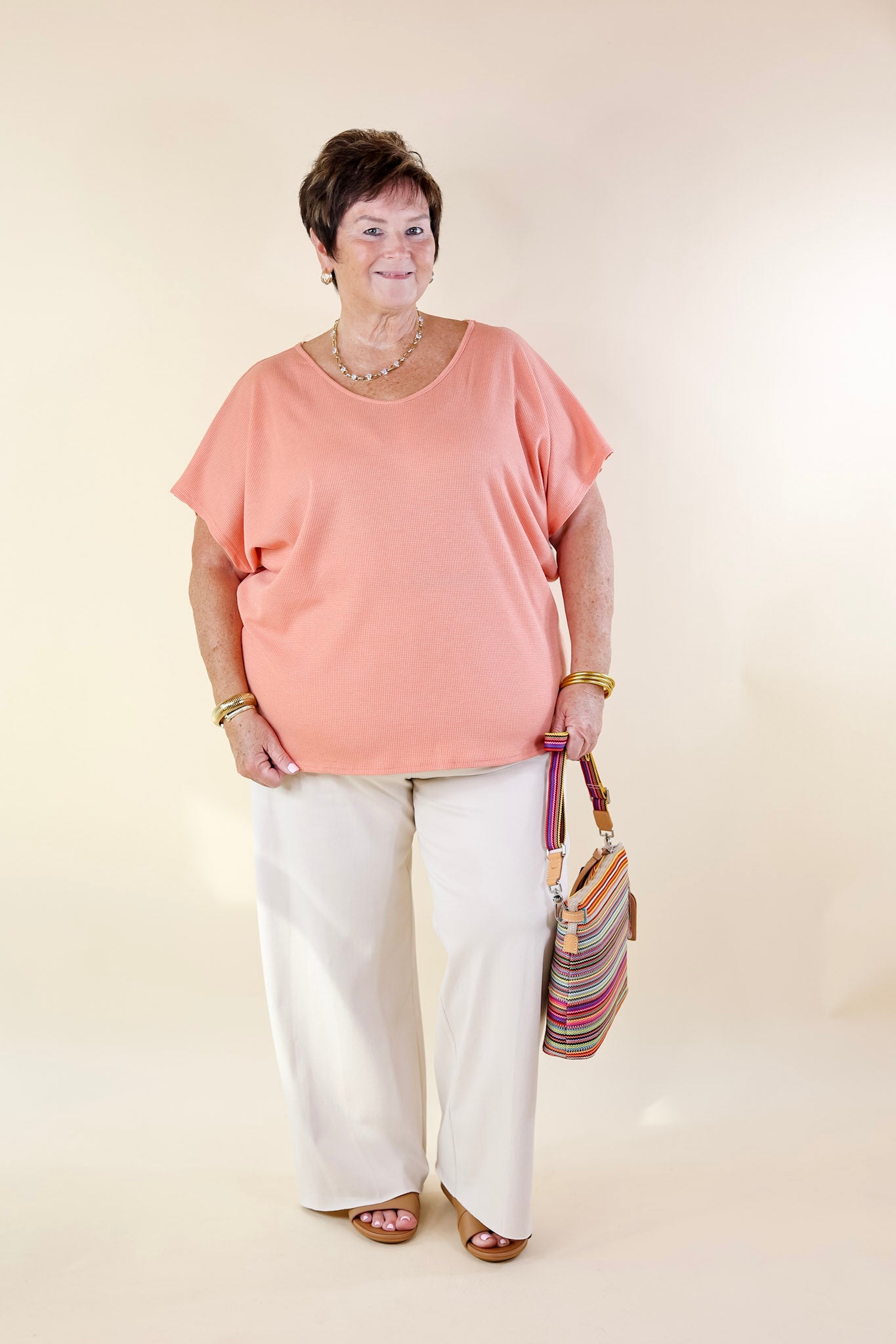 Everyday Essential Short Sleeve Waffle Knit Top in Apricot Coral Orange - Giddy Up Glamour Boutique