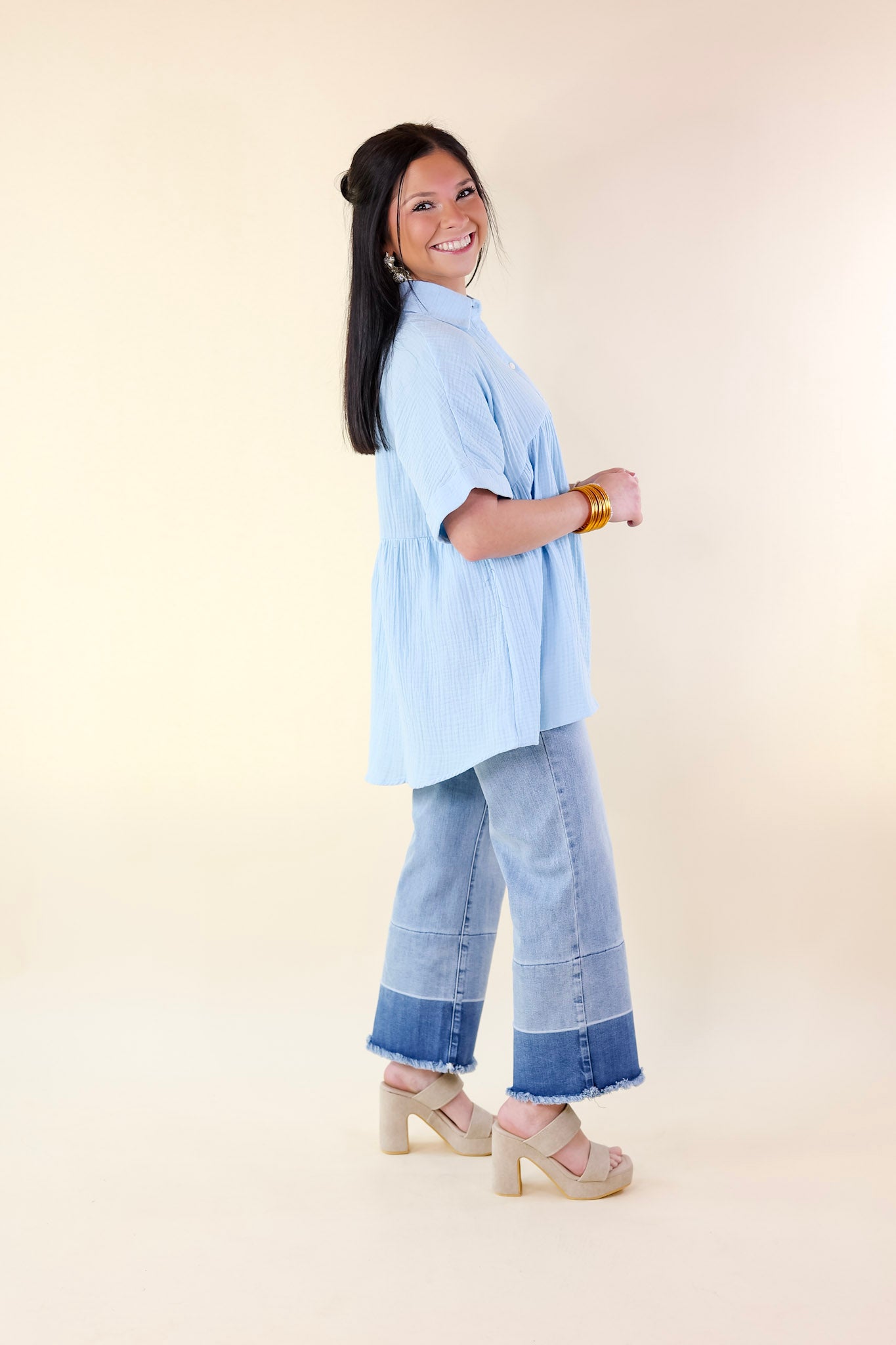 Vacation Vibes Collared Button Up Babydoll Top in Airy Blue - Giddy Up Glamour Boutique
