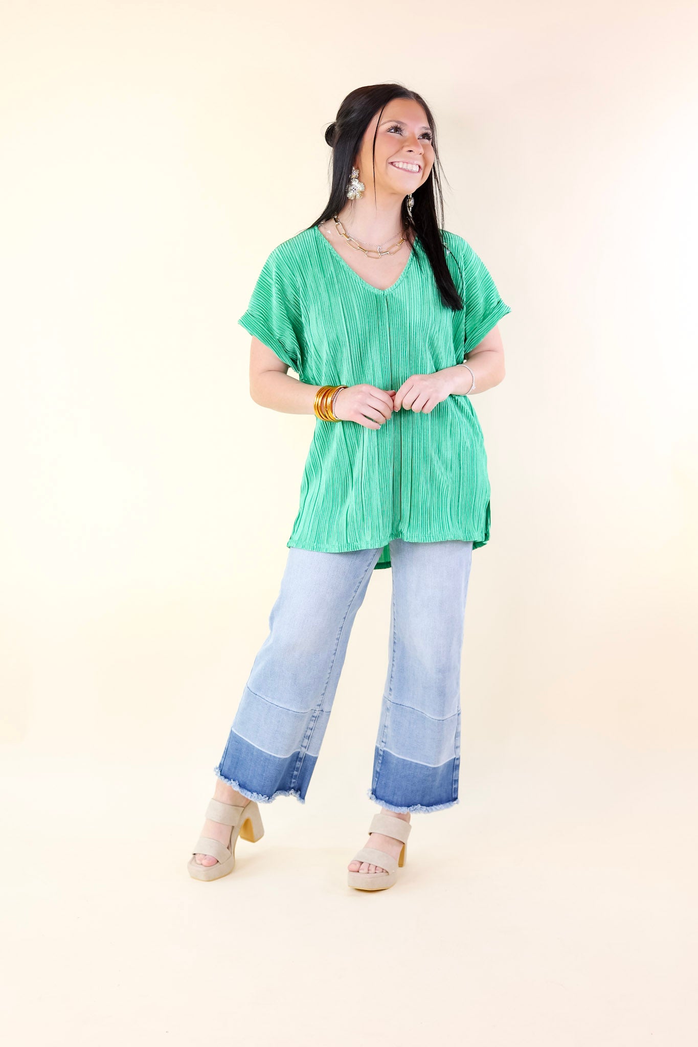 Casual Charm V Neck Plissé Top in Emerald Green - Giddy Up Glamour Boutique