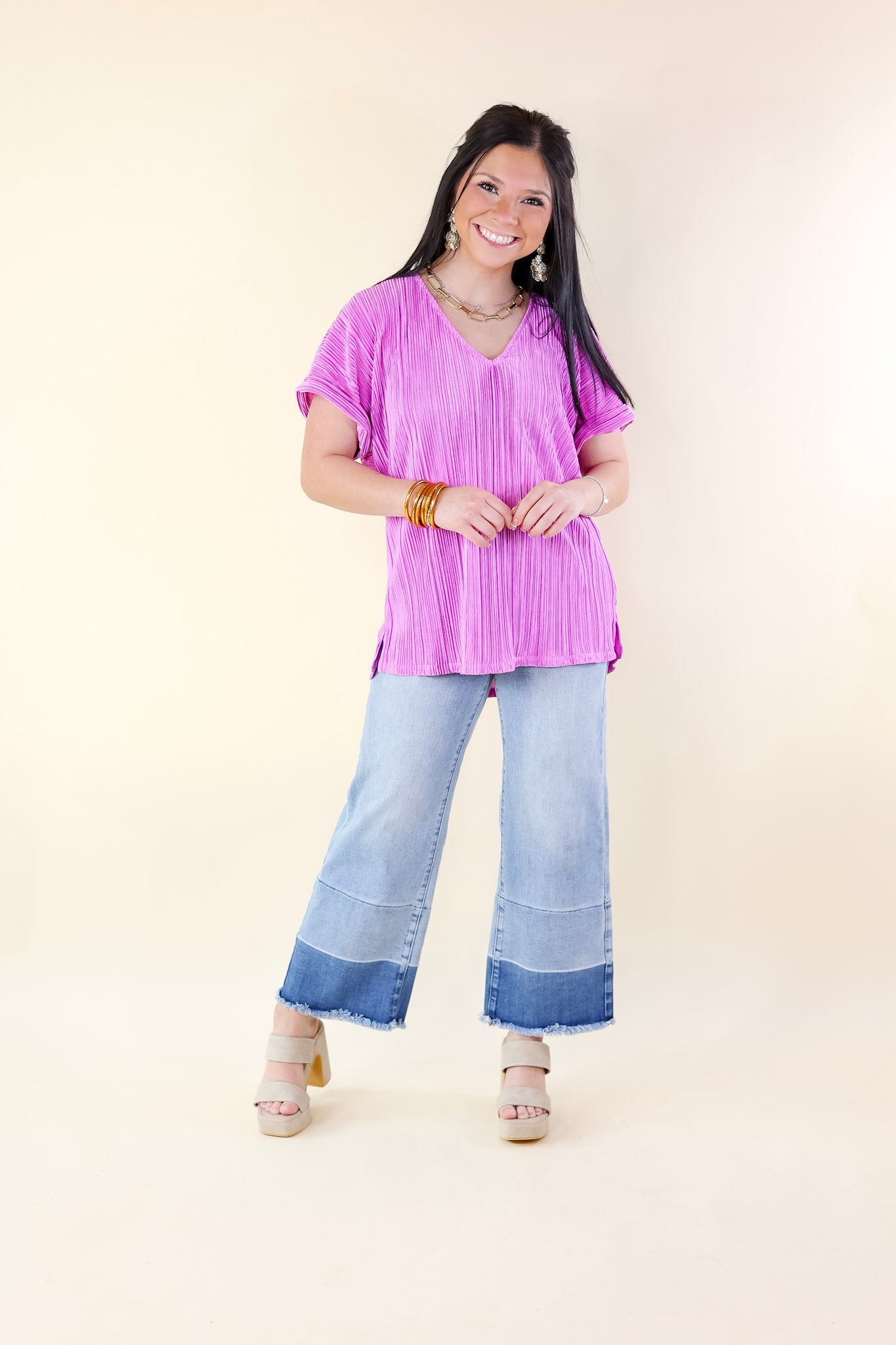 Casual Charm V Neck Plissé Top in Spring Orchid Purple - Giddy Up Glamour Boutique