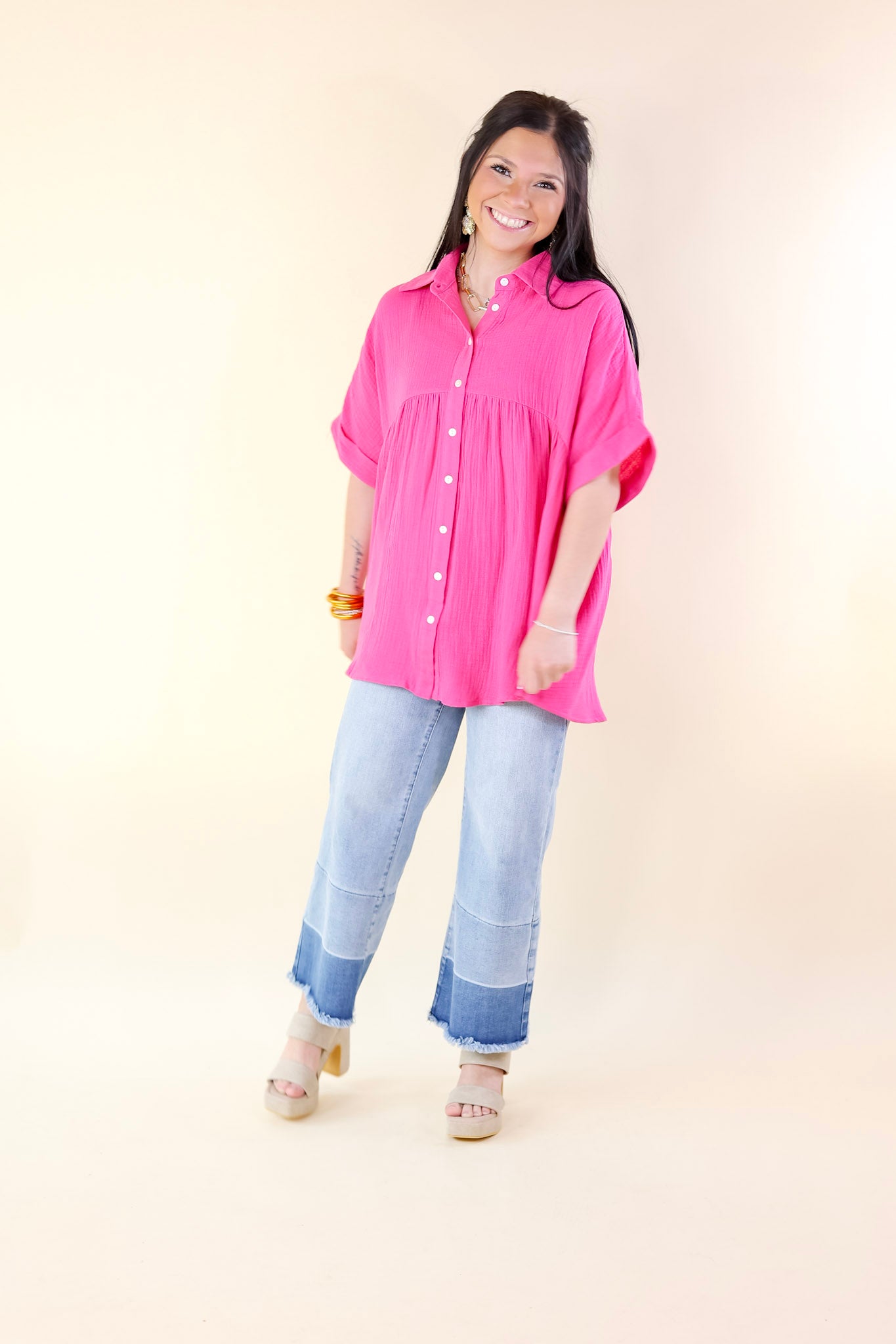 Vacation Vibes Collared Button Up Babydoll Top in Hot Pink - Giddy Up Glamour Boutique