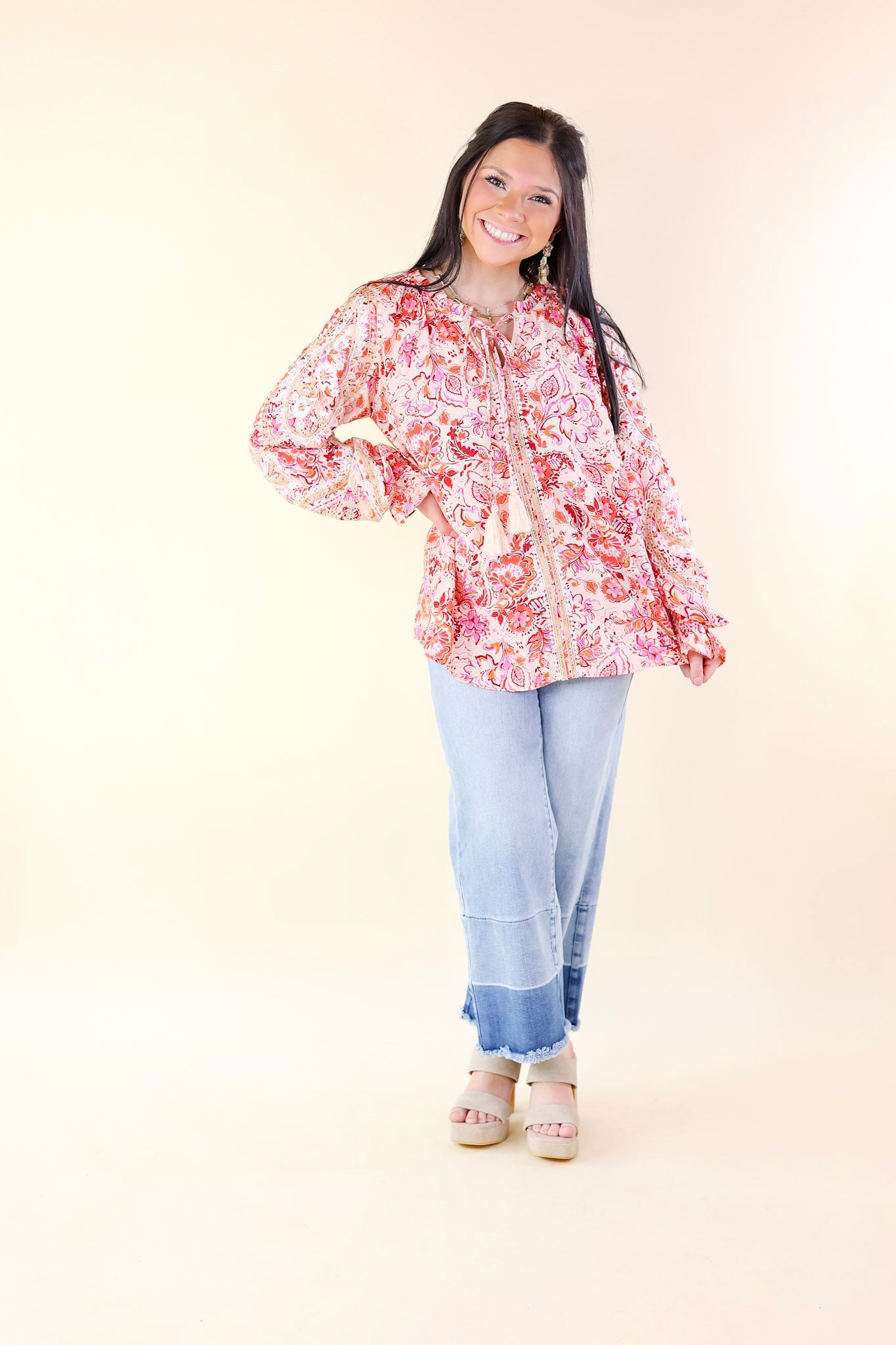 Springtime Delight Long Sleeve Floral Print Top with Embroidery in Ivory - Giddy Up Glamour Boutique