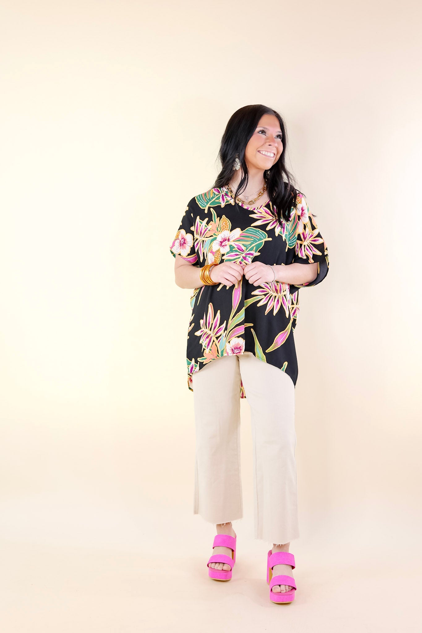 Island Oasis Tropical Floral Print Top in Black - Giddy Up Glamour Boutique