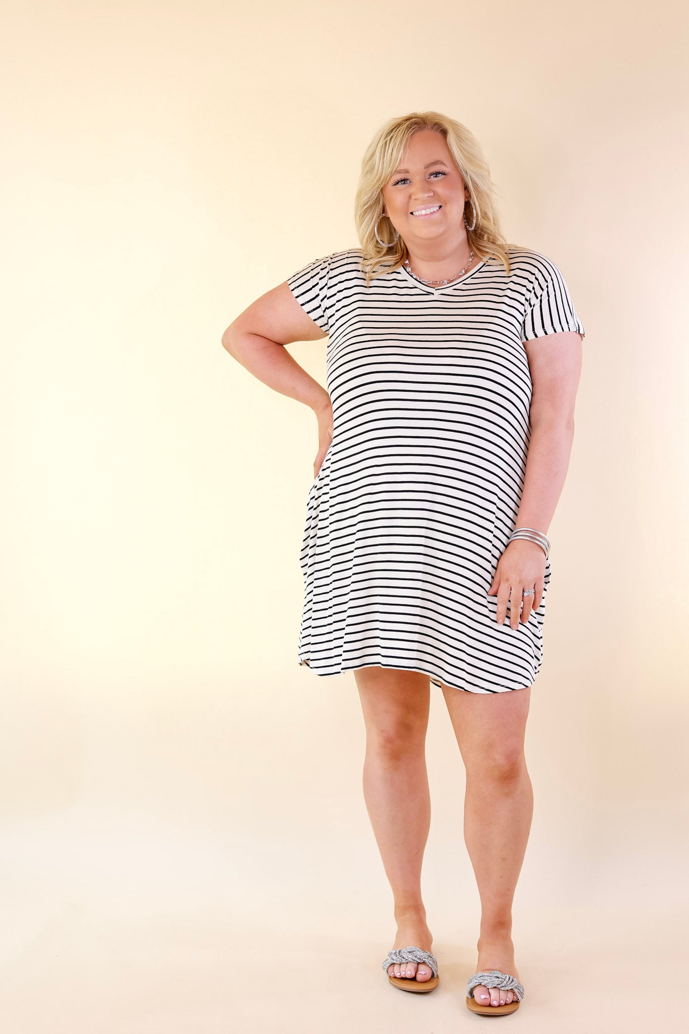 Effortless Moments Striped Short Sleeve Tee Shirt Dress in White