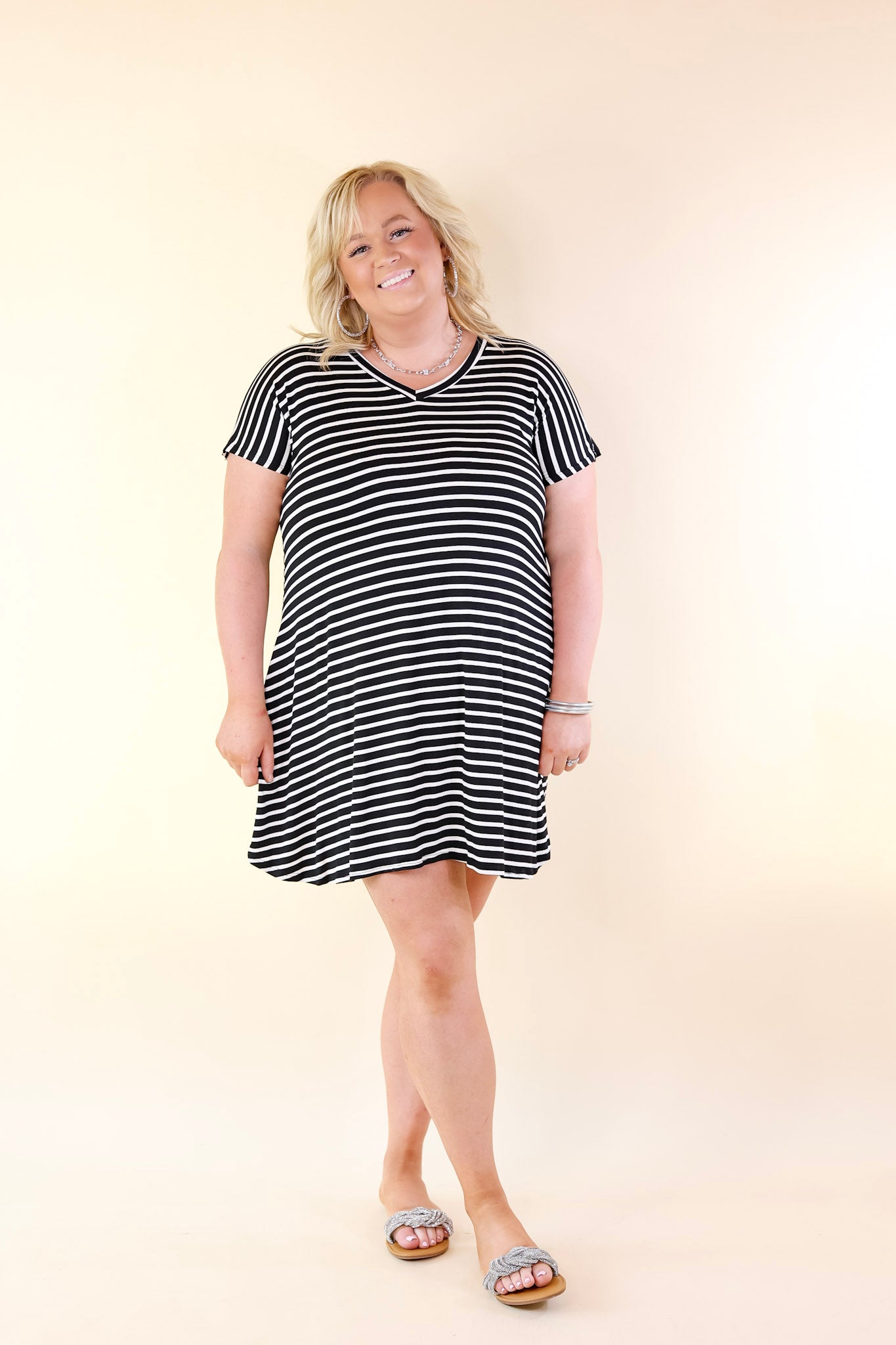 Effortless Moments Striped Short Sleeve Tee Shirt Dress in Black - Giddy Up Glamour Boutique