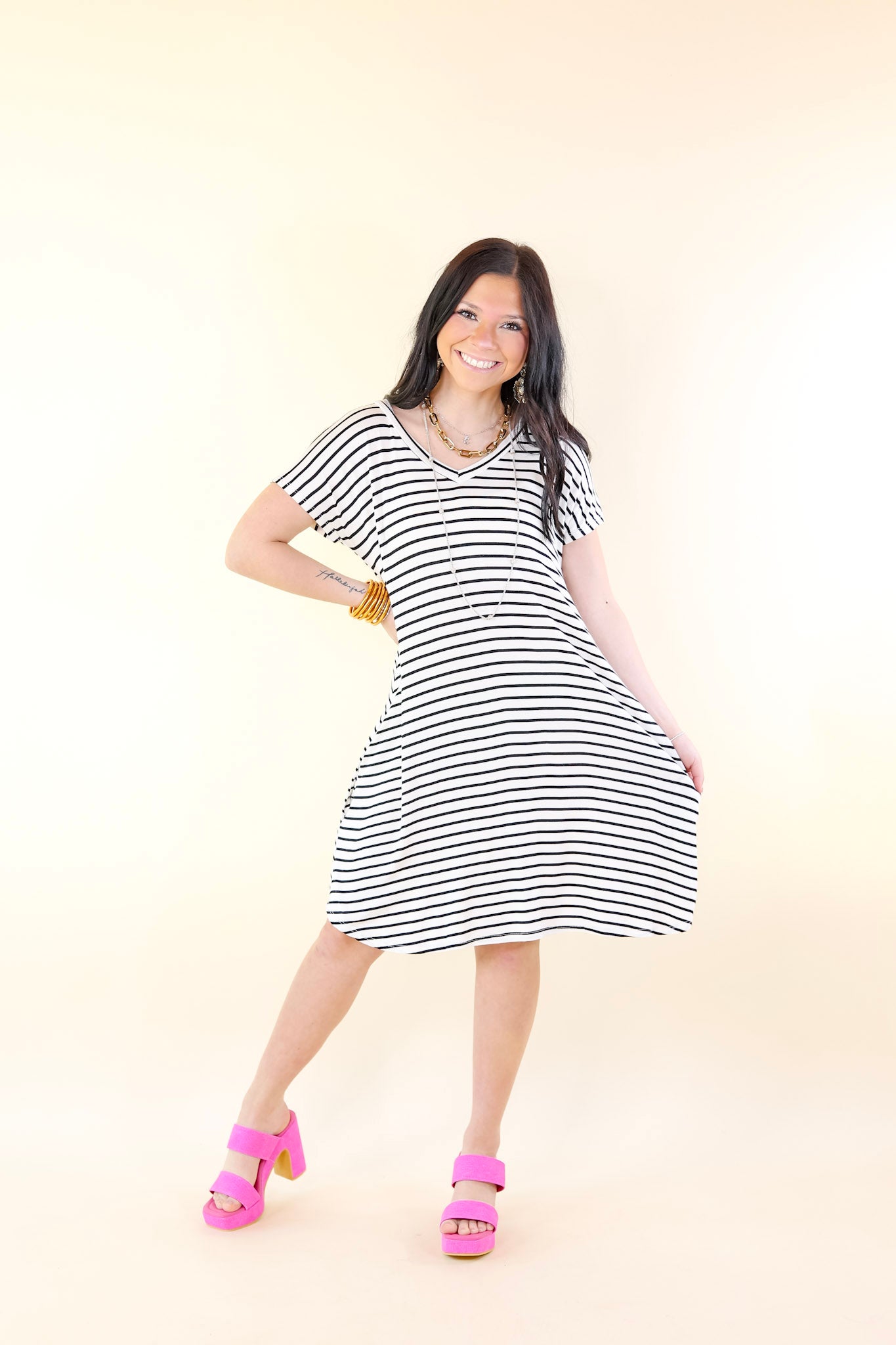 Effortless Moments Striped Short Sleeve Tee Shirt Dress in White - Giddy Up Glamour Boutique