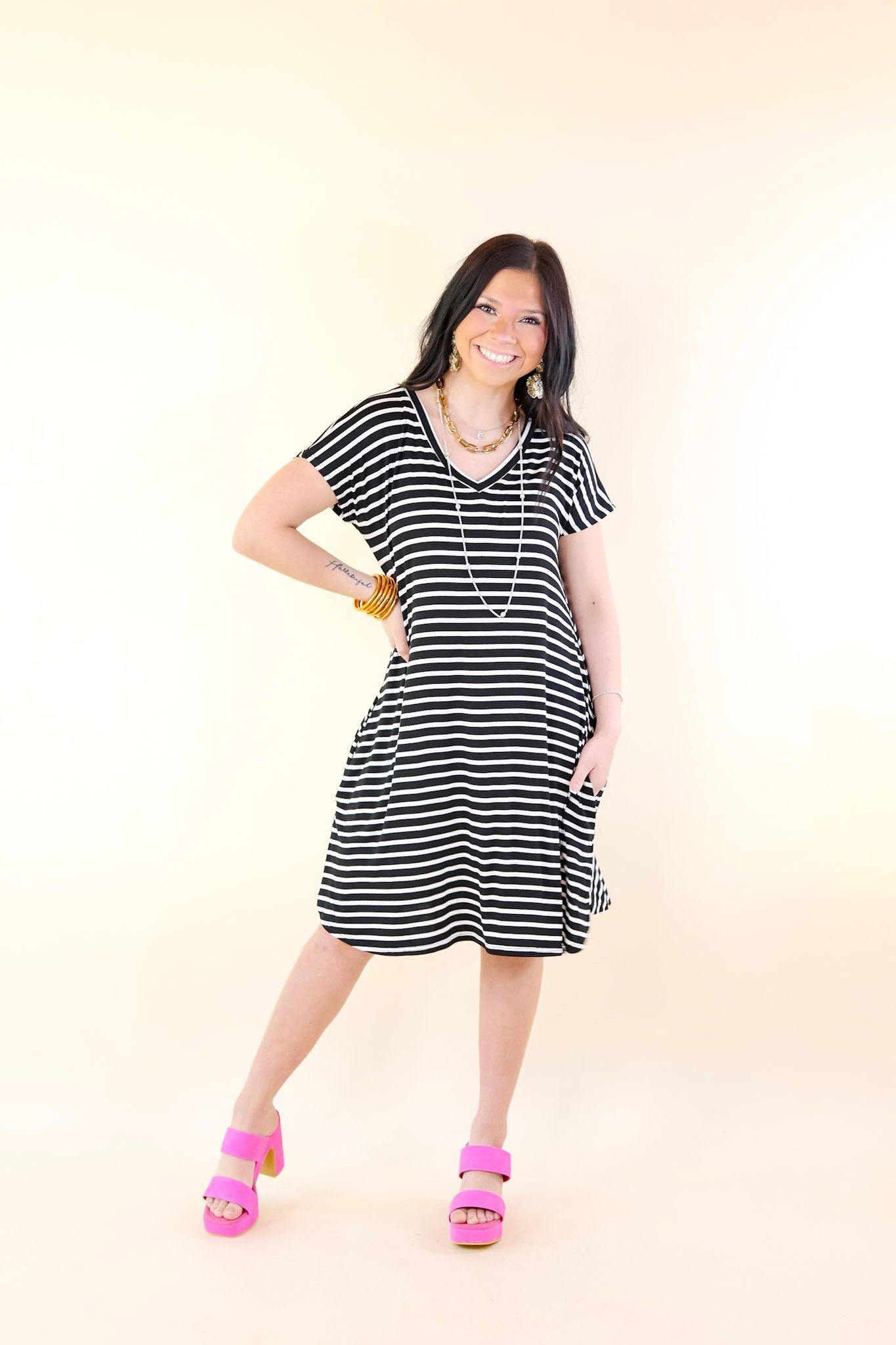 Effortless Moments Striped Short Sleeve Tee Shirt Dress in Black - Giddy Up Glamour Boutique