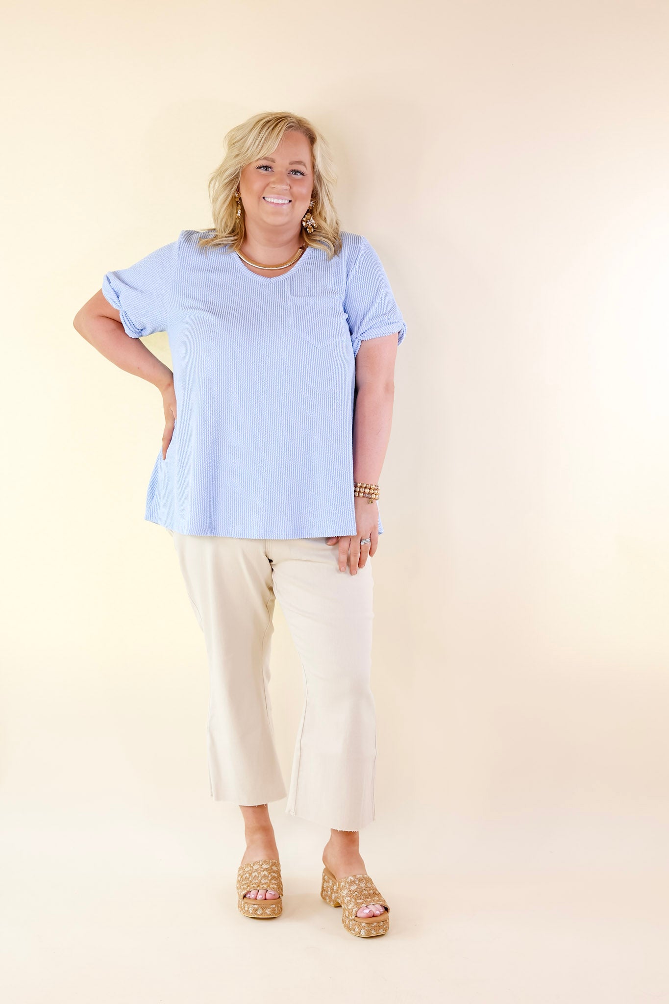 Only True Love Ribbed Short Sleeve Top with Front Pocket in Serenity Blue