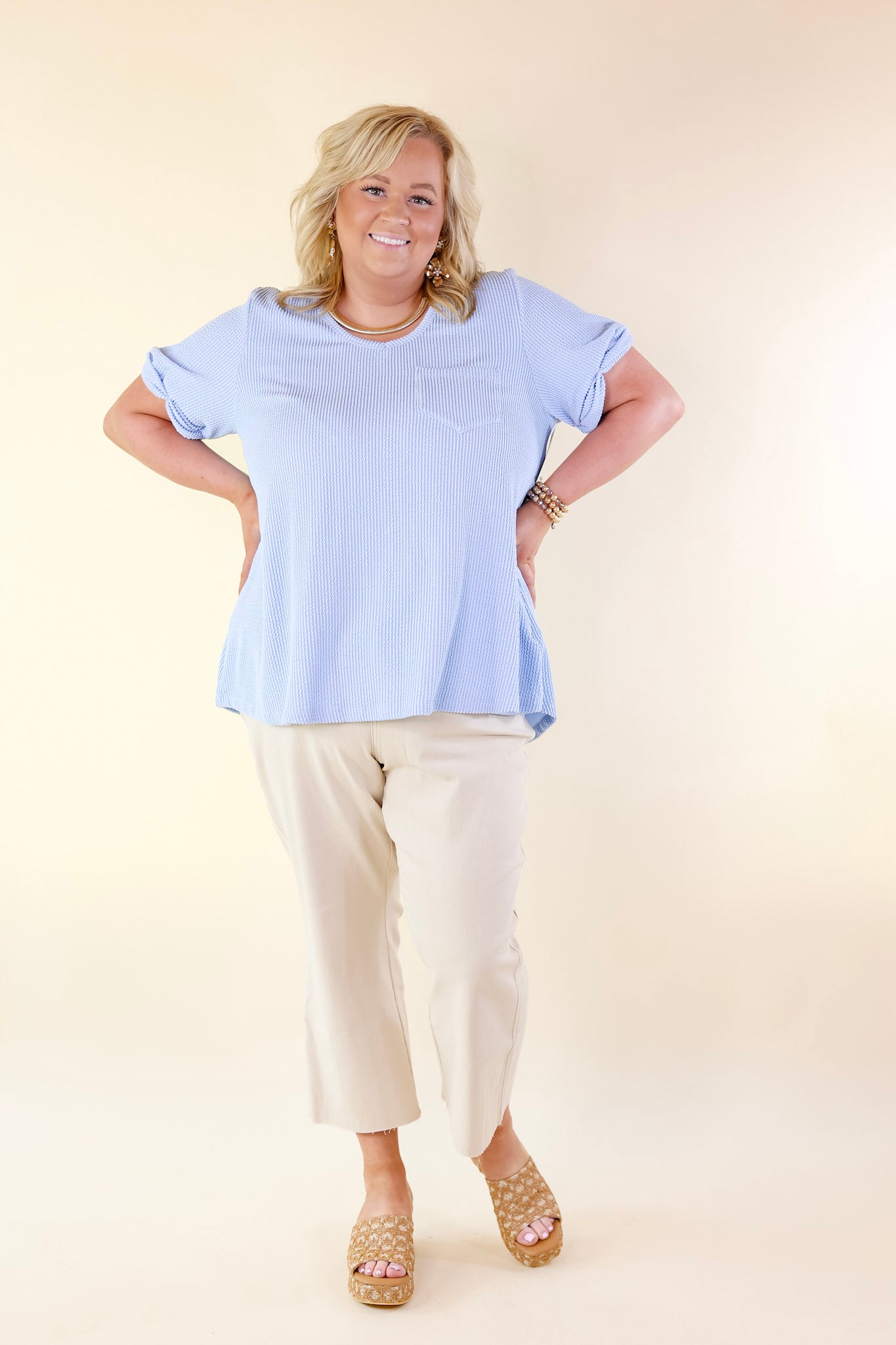Only True Love Ribbed Short Sleeve Top with Front Pocket in Serenity Blue - Giddy Up Glamour Boutique