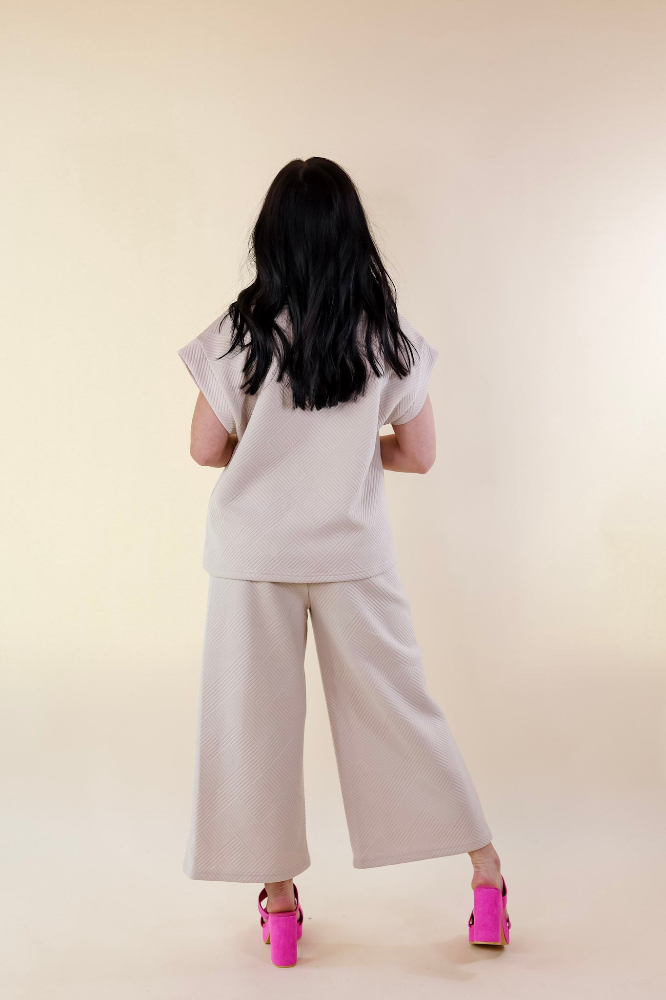 Glamour on the Go Textured Wide Leg Pant in Cream - Giddy Up Glamour Boutique