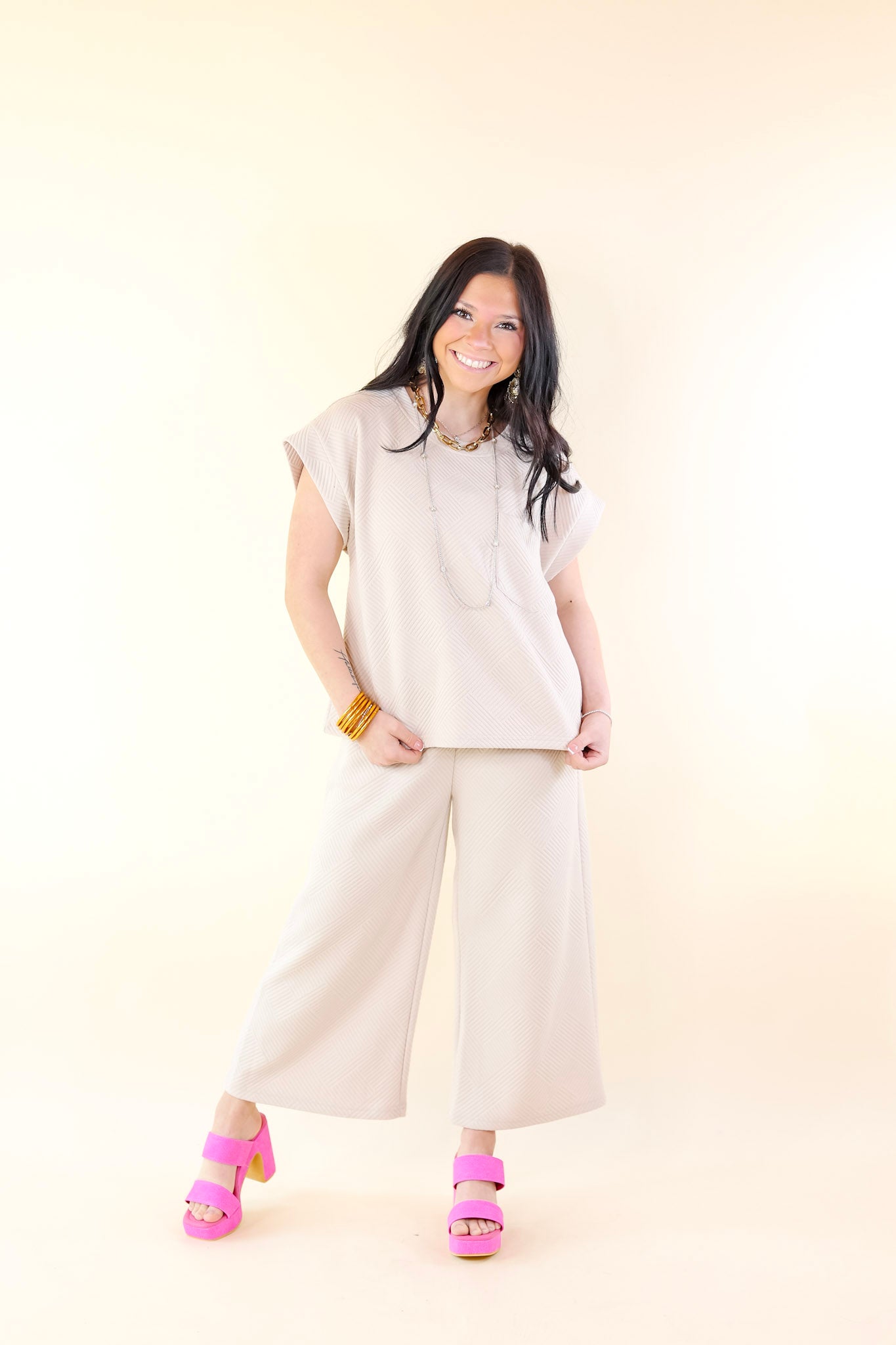 Glamour on the Go Textured Wide Leg Pant in Cream