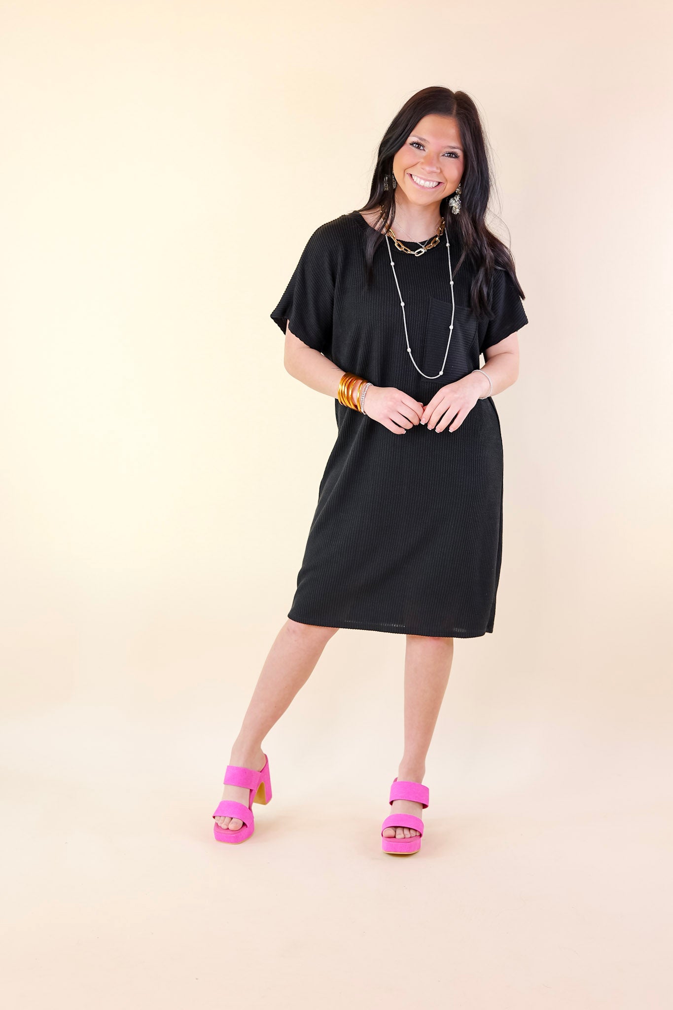 Coffee and Carefree Ribbed Short Sleeve Dress with Front Pocket in Black - Giddy Up Glamour Boutique